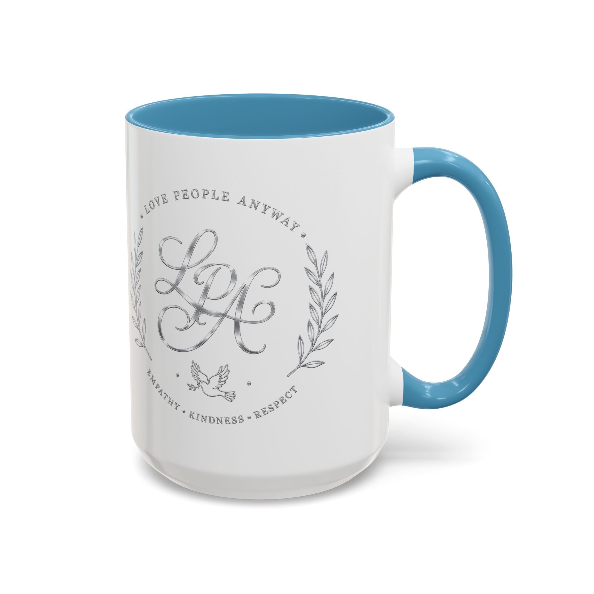 Love People Anyway Silver Accent Coffee Mug | Inspirational Monogram Mug | Faith Freedom Creations