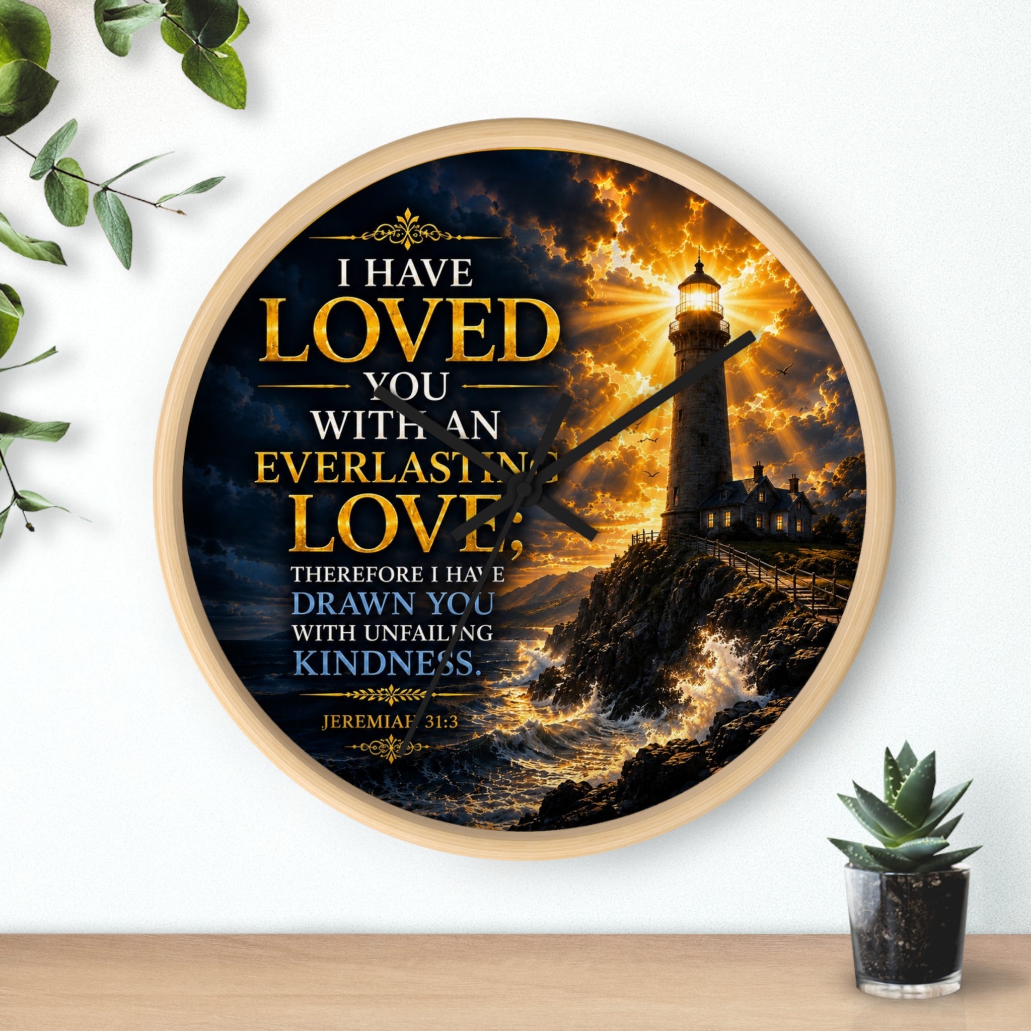 Inspirational Christian wall clock featuring a glowing lighthouse over stormy seas with Jeremiah 31:3 scripture about everlasting love in warm golden tones.