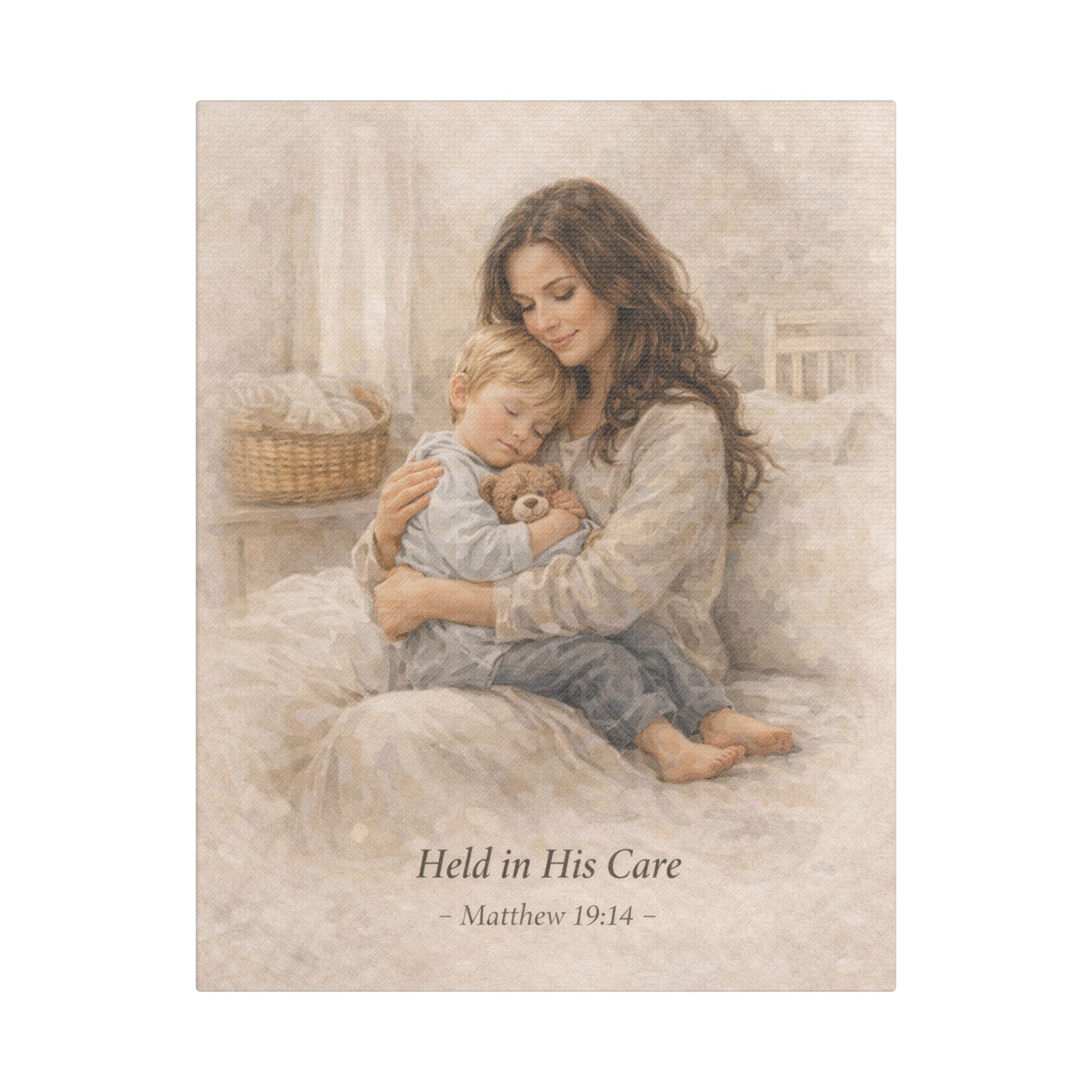 Held in His Care Canvas Wall Art – Matthew 19:14 Mother & Child