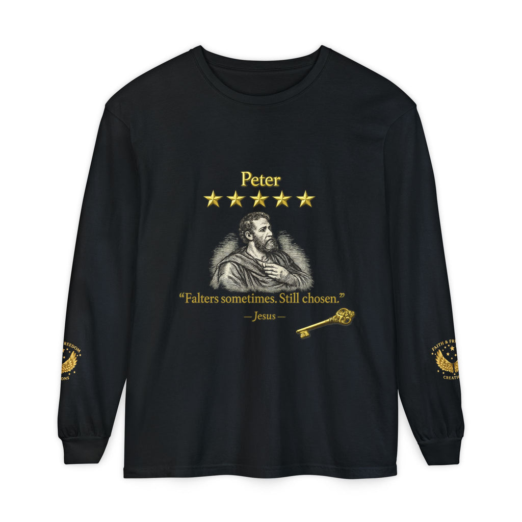 Peter Scripture Long Sleeve T-Shirt — "Falters sometimes. Still chosen." Review by Jesus