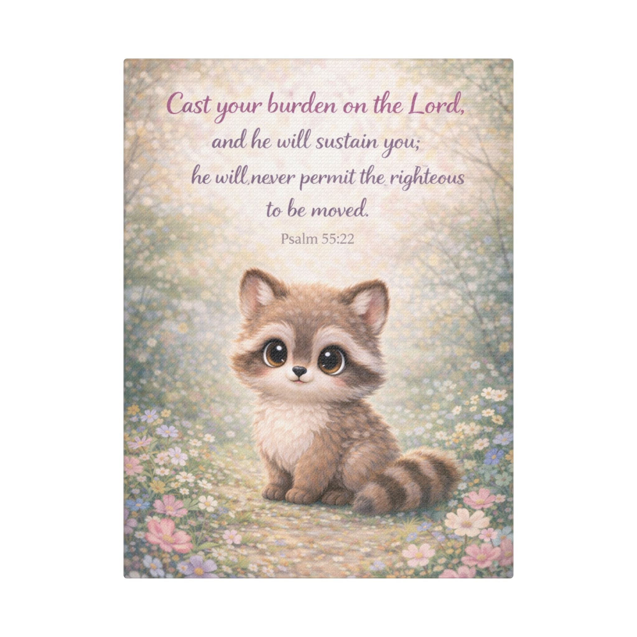 Scripture Woodland Animals – Raccoon – Psalm 55:22 Canvas Print