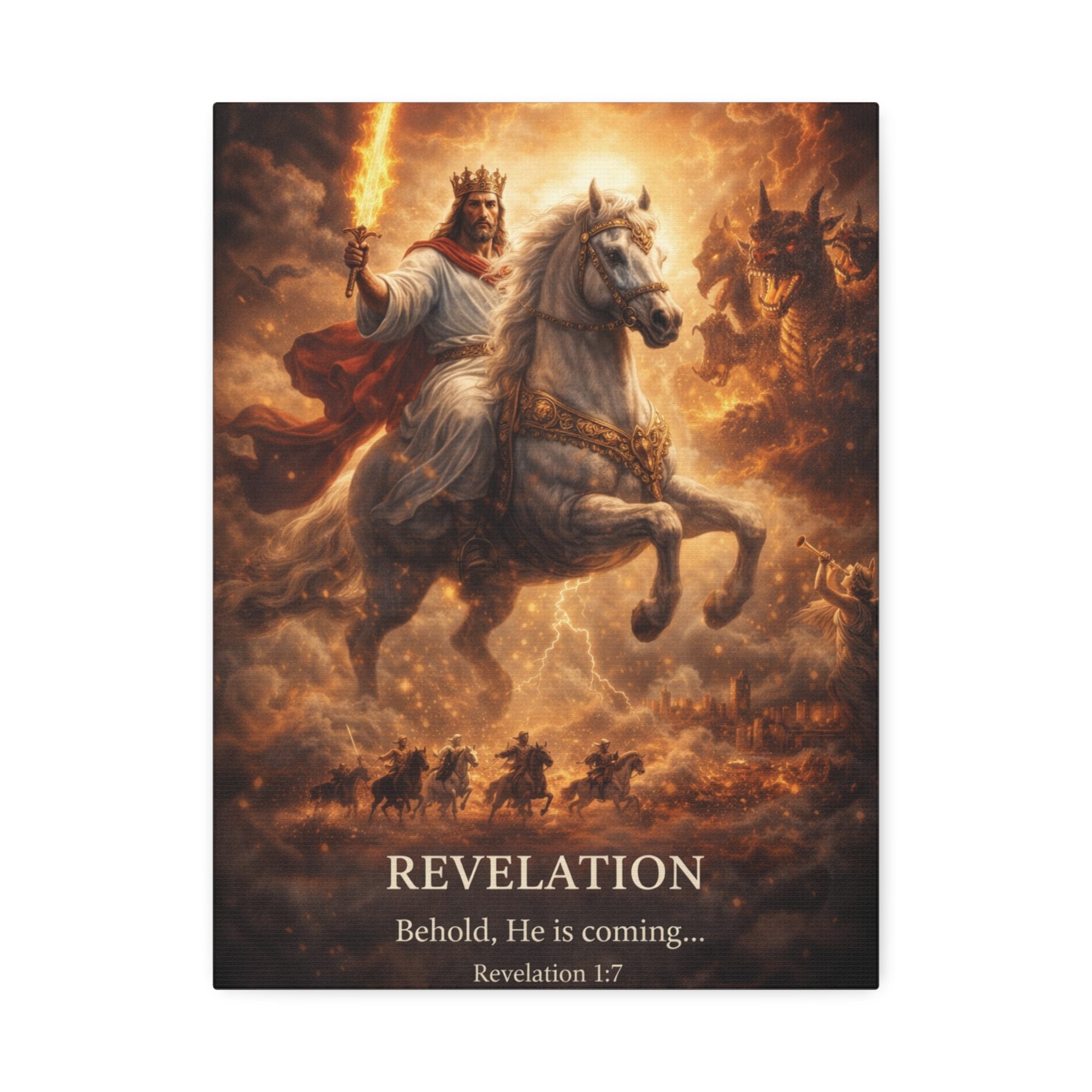Revelation Canvas Art – “Behold, He Is Coming” Biblical Horseman Wall Decor | Christian Scripture Canvas