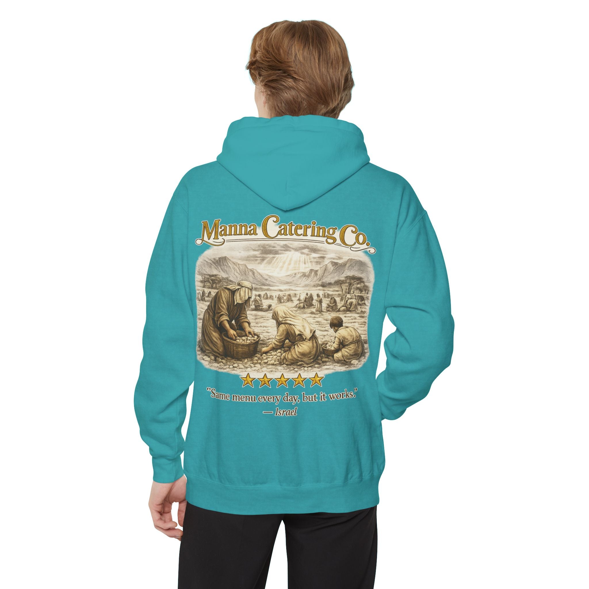 Manna Catering Co. – Hoodie | “Manna Review” Vintage Graphic – Five-Star Faith Series