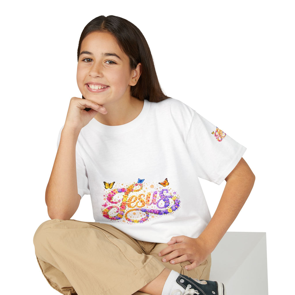 Youth Jesus Floral Butterfly T-Shirt – Christian Kids Faith Tee | Gratitude Sneaker Style Shirt