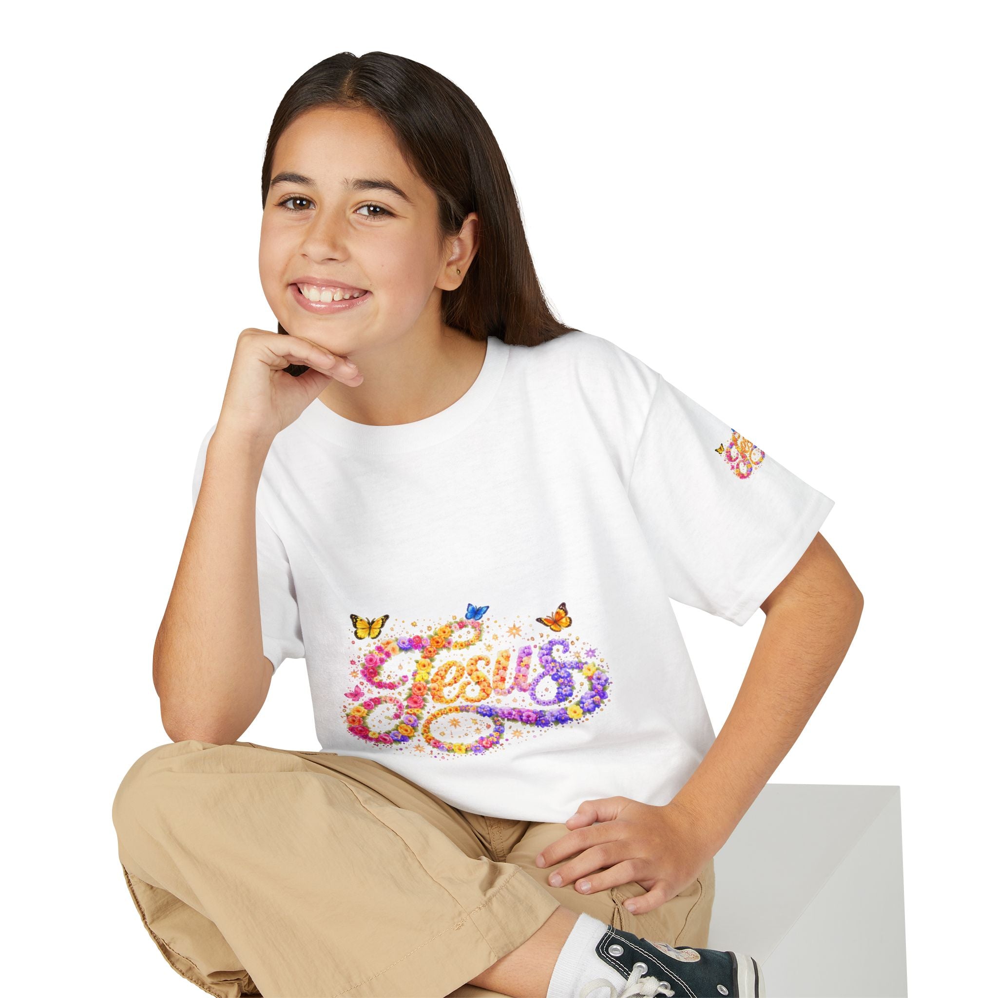 Youth Jesus Floral Butterfly T-Shirt – Christian Kids Faith Tee | Gratitude Sneaker Style Shirt