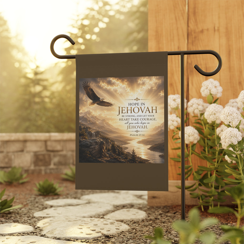 Inspirational Christian garden flag featuring a soaring eagle above a peaceful valley with warm sunset tones inspired by Psalm 27:14 and hope in Jehovah.