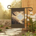 Inspirational Christian garden flag featuring a soaring eagle above a peaceful valley with warm sunset tones inspired by Psalm 27:14 and hope in Jehovah.