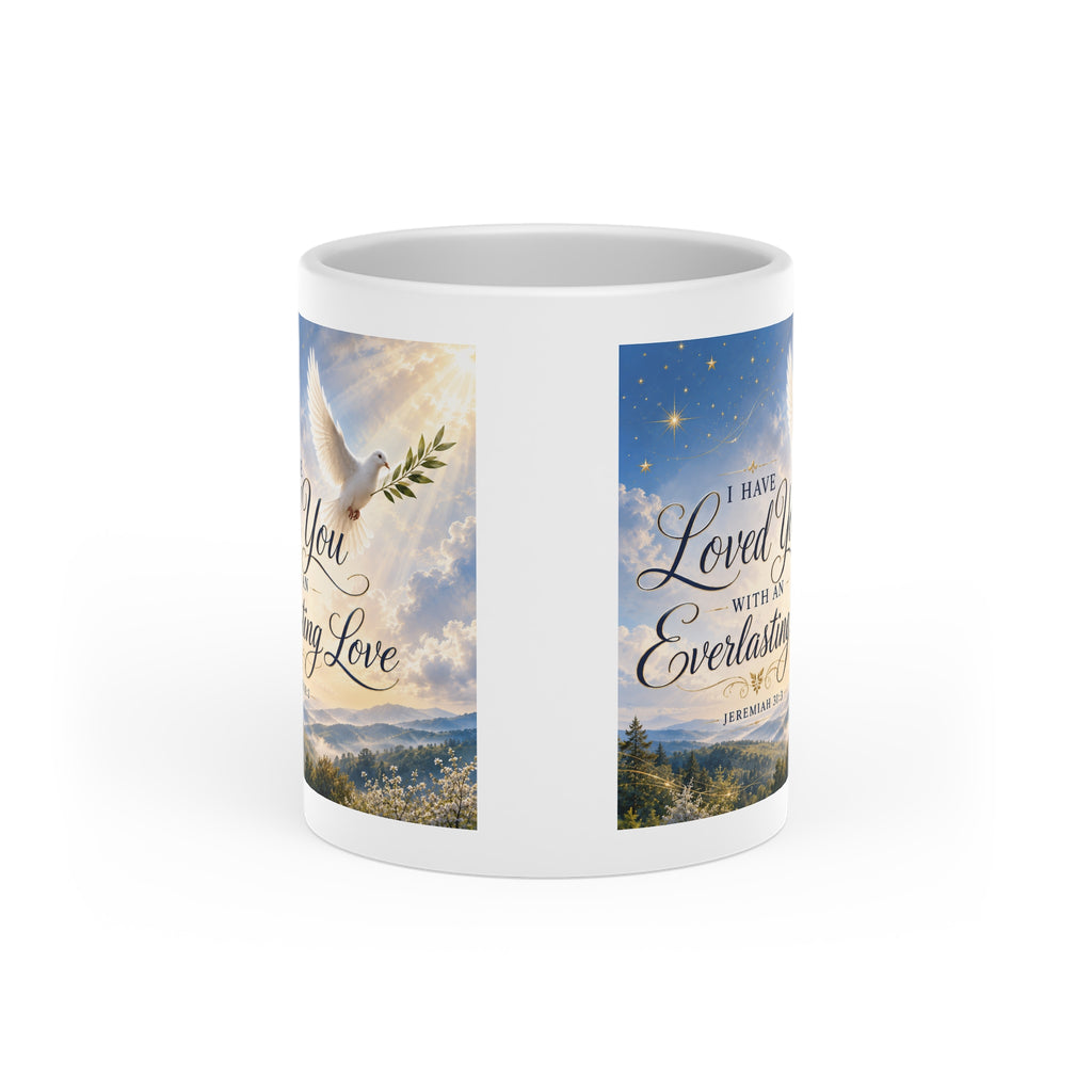 Everlasting Love Heart Mug | Jeremiah 31:3 Christian Coffee Mug | Dove & Scripture Ceramic Cup