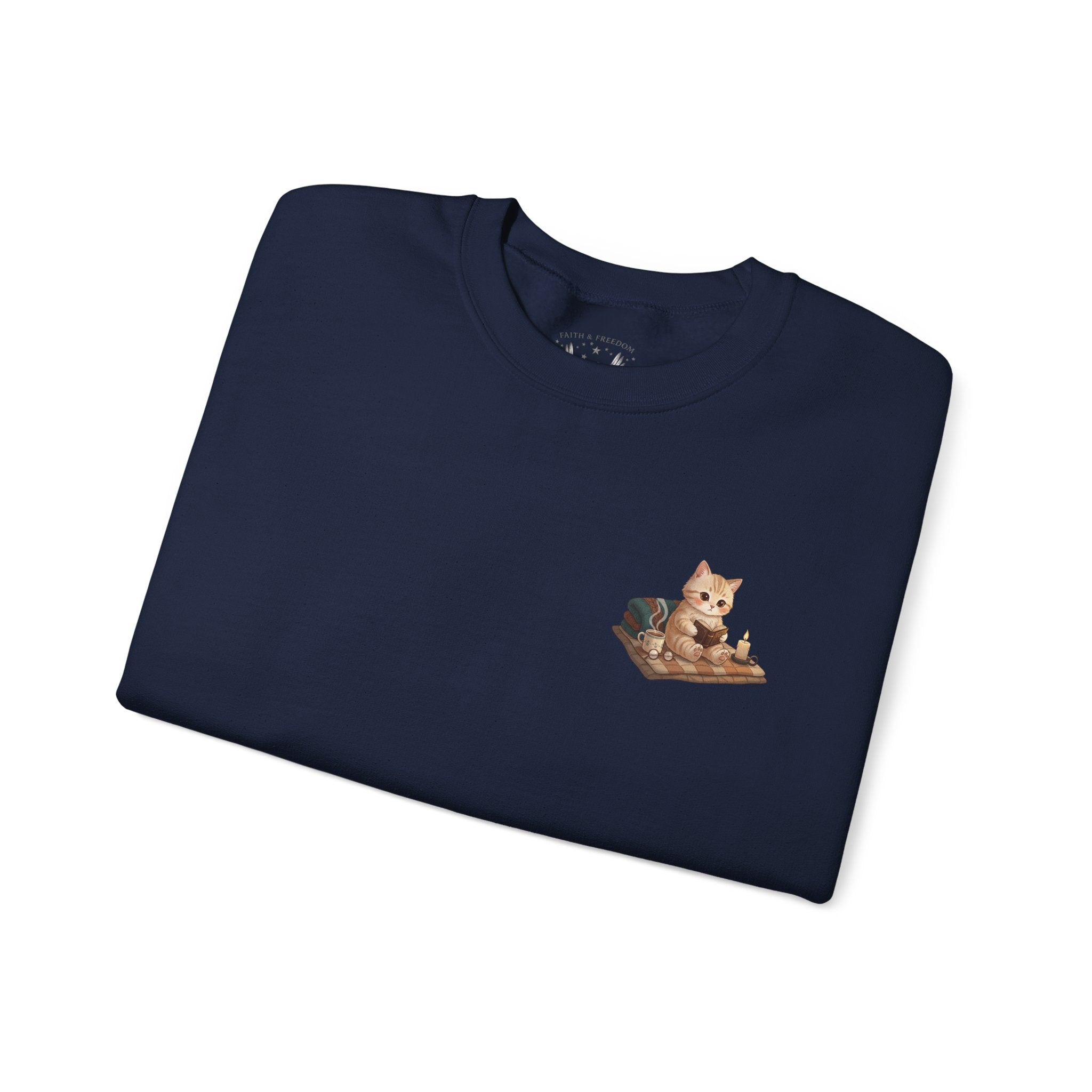 Faith Cozy Cat Crewneck Sweatshirt – Candlelight Cat Faith Sweatshirt | Quiet Comfort Apparel