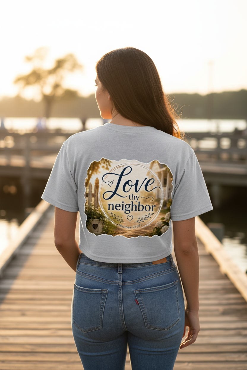 A woman viewed from behind wearing a light gray t-shirt with a large back graphic that reads 'Love the neighbor' in script and serif fonts, set against a warm sunset scene on a wooden dock.