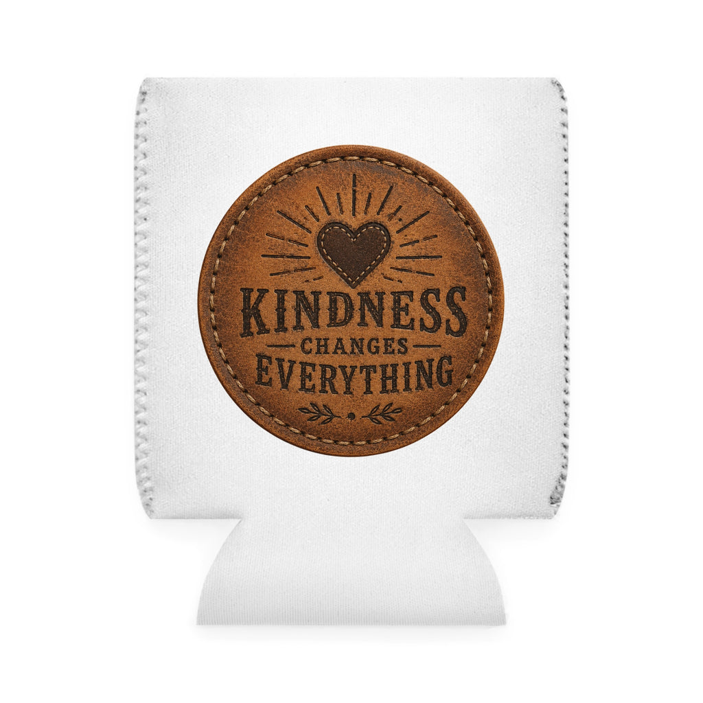 A white fabric can cooler sleeve with a circular brown faux-leather patch on the front that reads 'KINDNESS CHANGES EVERYTHING' with a heart design, shown on a white background.