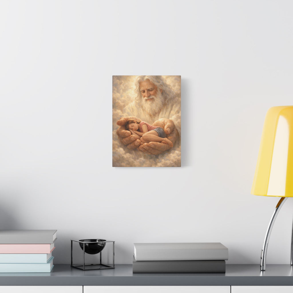 Safely in His Hands Canvas — Teen Girl Sleeping in God's Embrace | Christian Faith Wall Art
