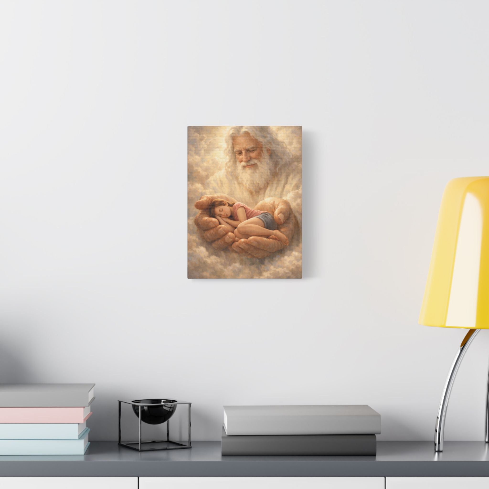 Safely in His Hands Canvas — Teen Girl Sleeping in God's Embrace | Christian Faith Wall Art