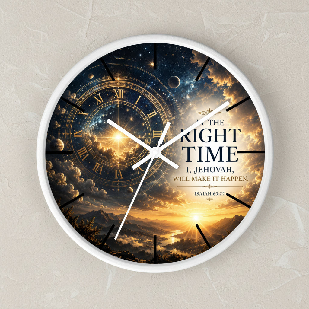 Bring peaceful encouragement into your home with this Isaiah 60:22 wall clock featuring celestial artwork, a golden sunrise, silent movement, and the comforting promise: “The Right Time, I Jehovah Will Make It Happen.”