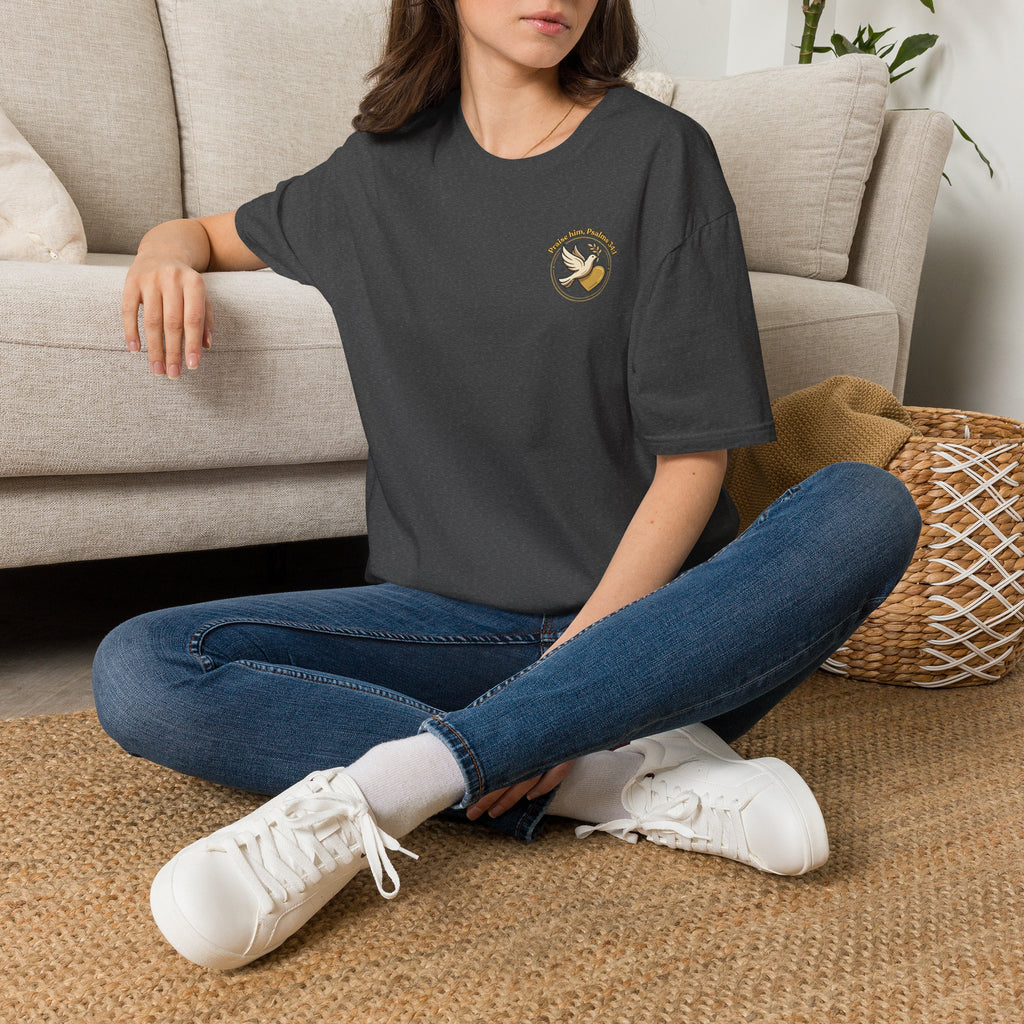 Minimalist Christian T-shirt featuring a Dove of Peace chest emblem with the words “Pray, Love, Remember” on a soft lightweight faith-inspired tee.