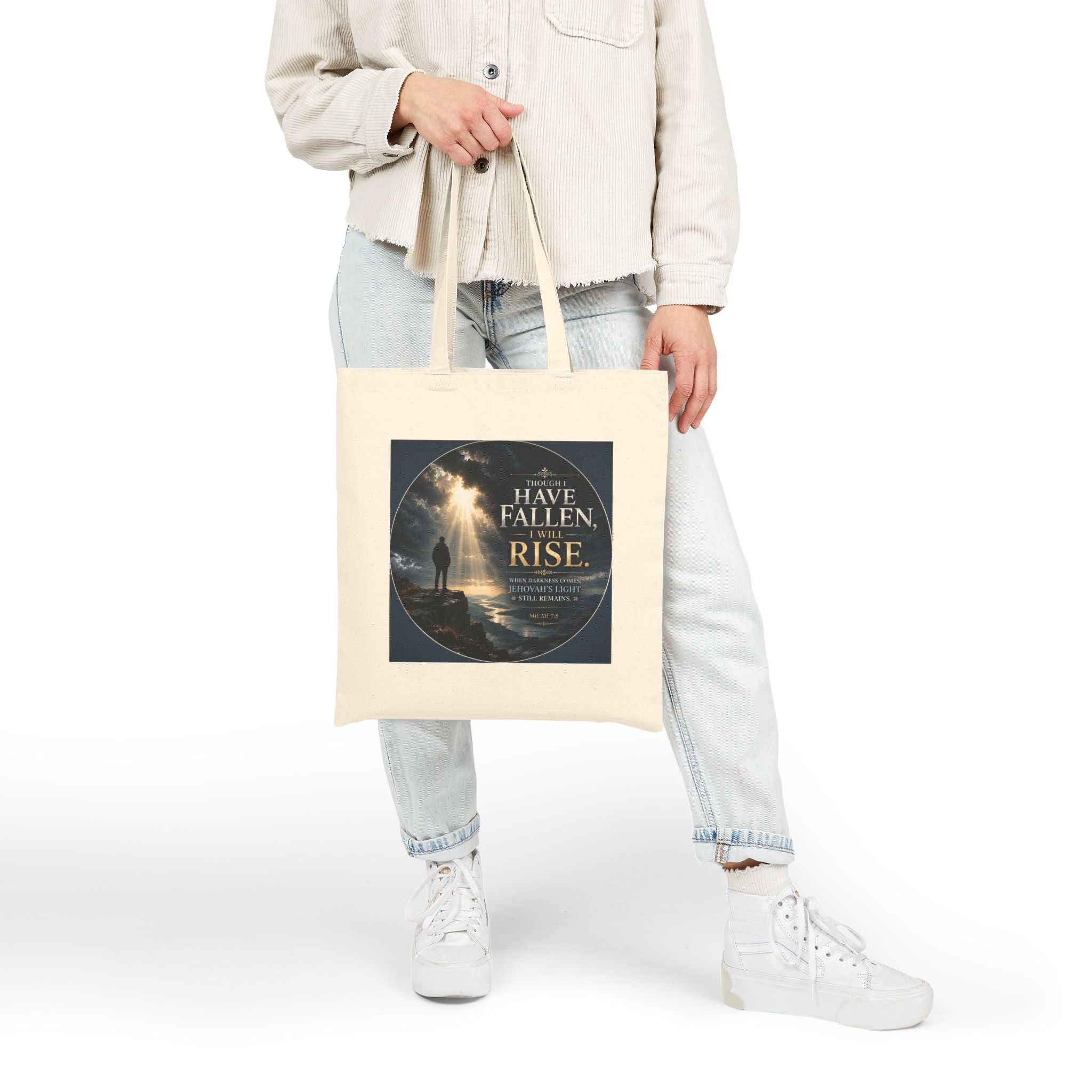 Though I Have Fallen, I Will Rise Tote Bag | Micah 7:8 Christian Canvas Tote