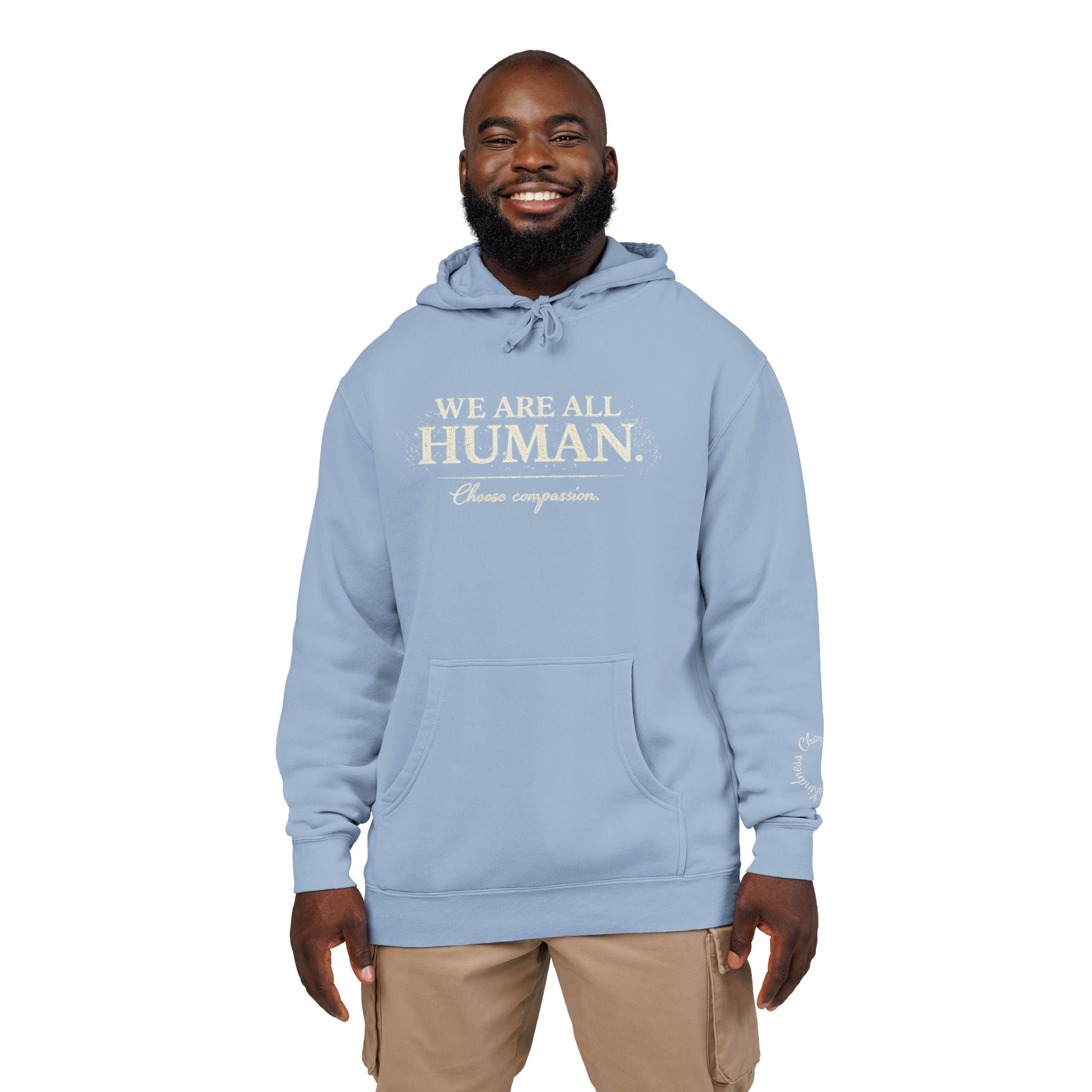 “We Are All Human” Pigment-Dyed Hoodie – Inclusive Comfort Pullover | Inspirational Minimalist Hoodie