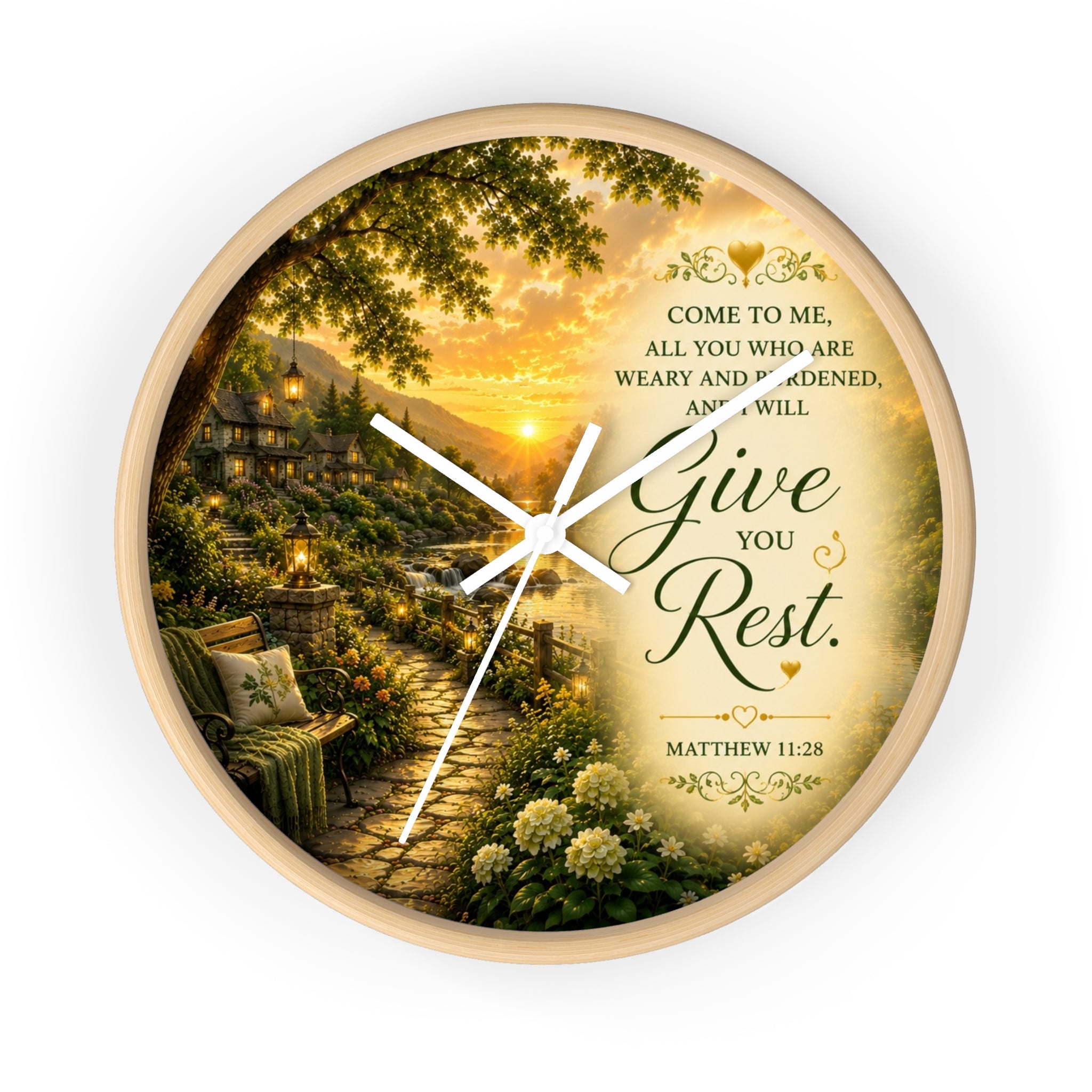 Inspirational Christian wall clock featuring a peaceful cottage garden path at sunset with Matthew 11:28 scripture inviting rest and peace.
