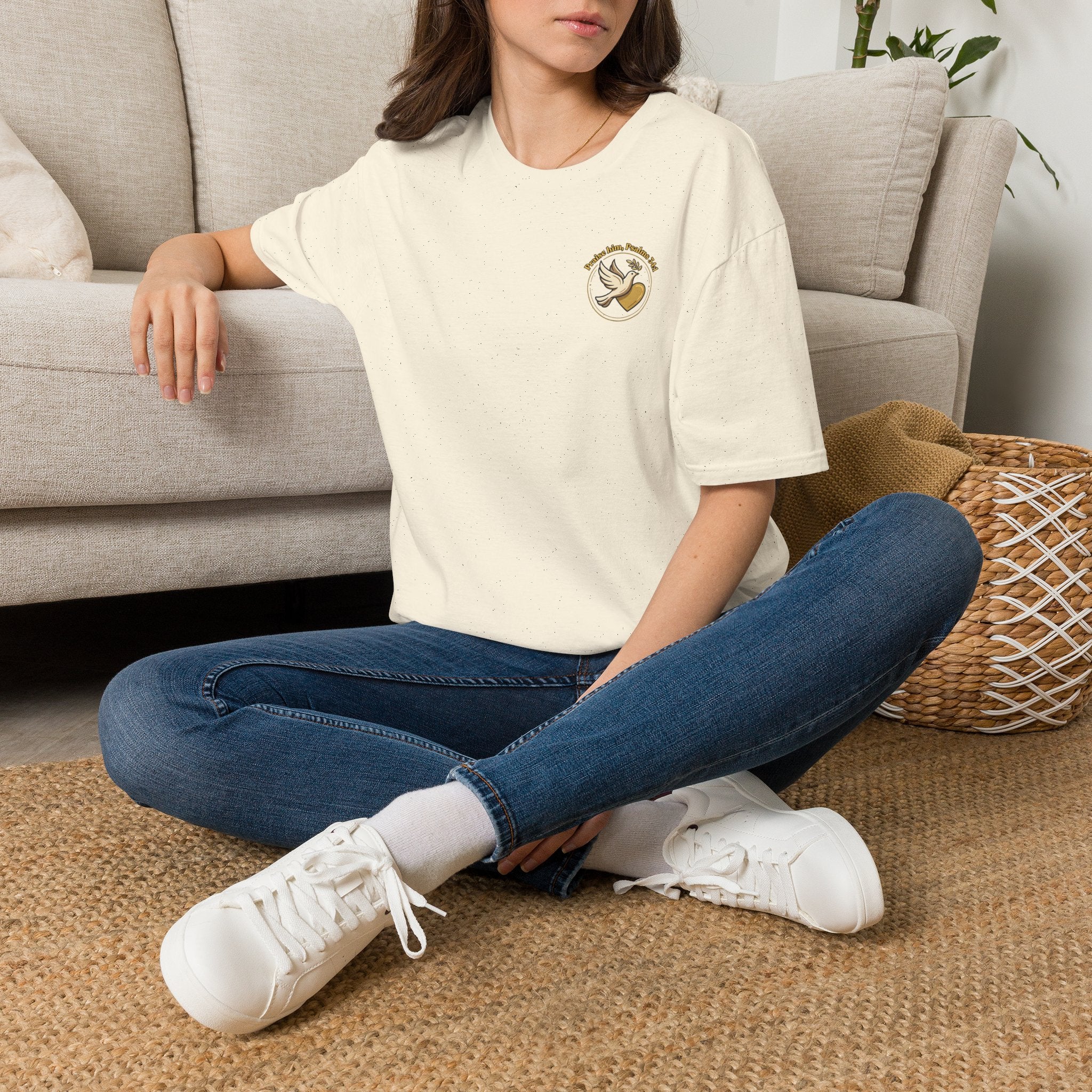 Minimalist Christian T-shirt featuring a Dove of Peace chest emblem with the words “Pray, Love, Remember” on a soft lightweight faith-inspired tee.