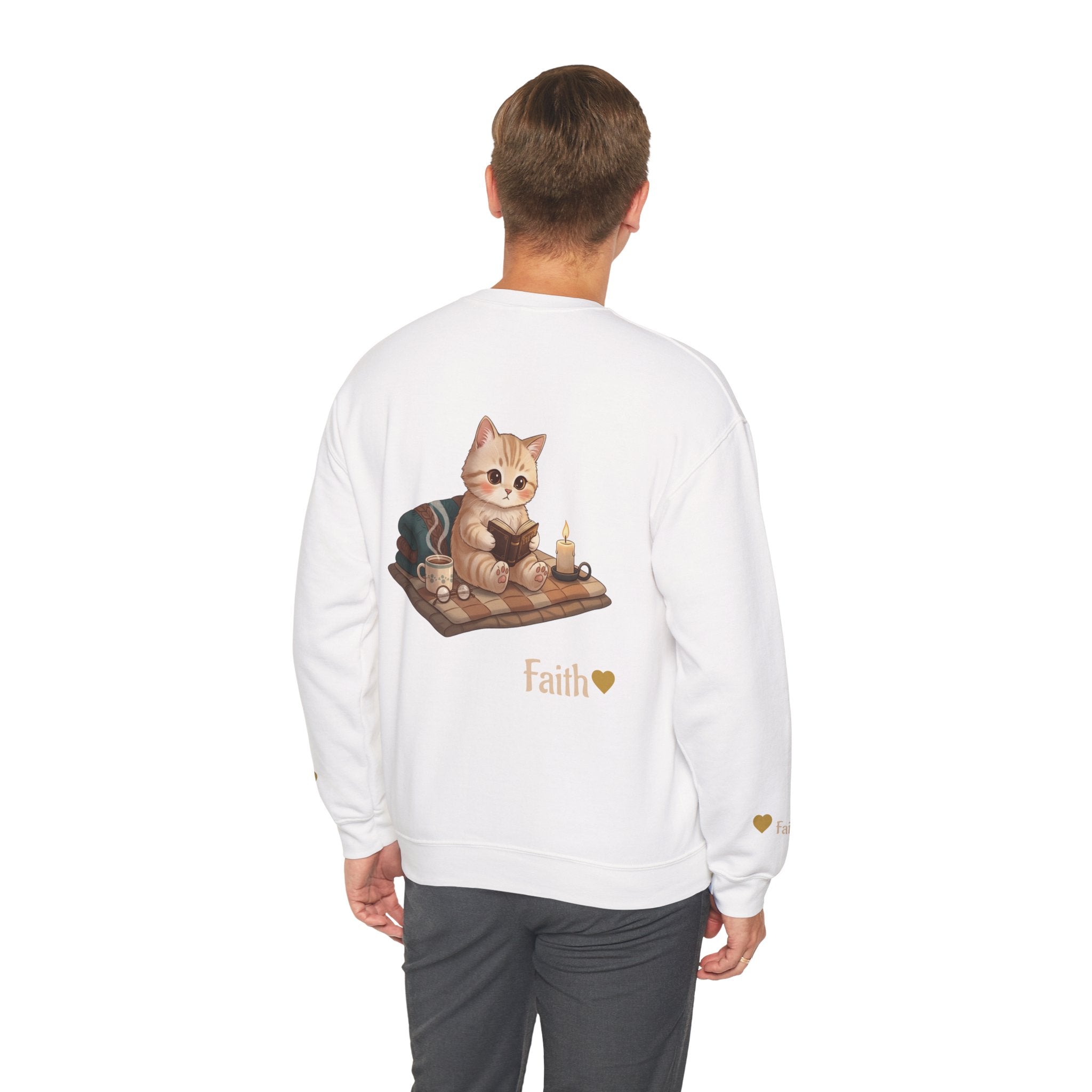 Faith Cozy Cat Crewneck Sweatshirt – Candlelight Cat Faith Sweatshirt | Quiet Comfort Apparel