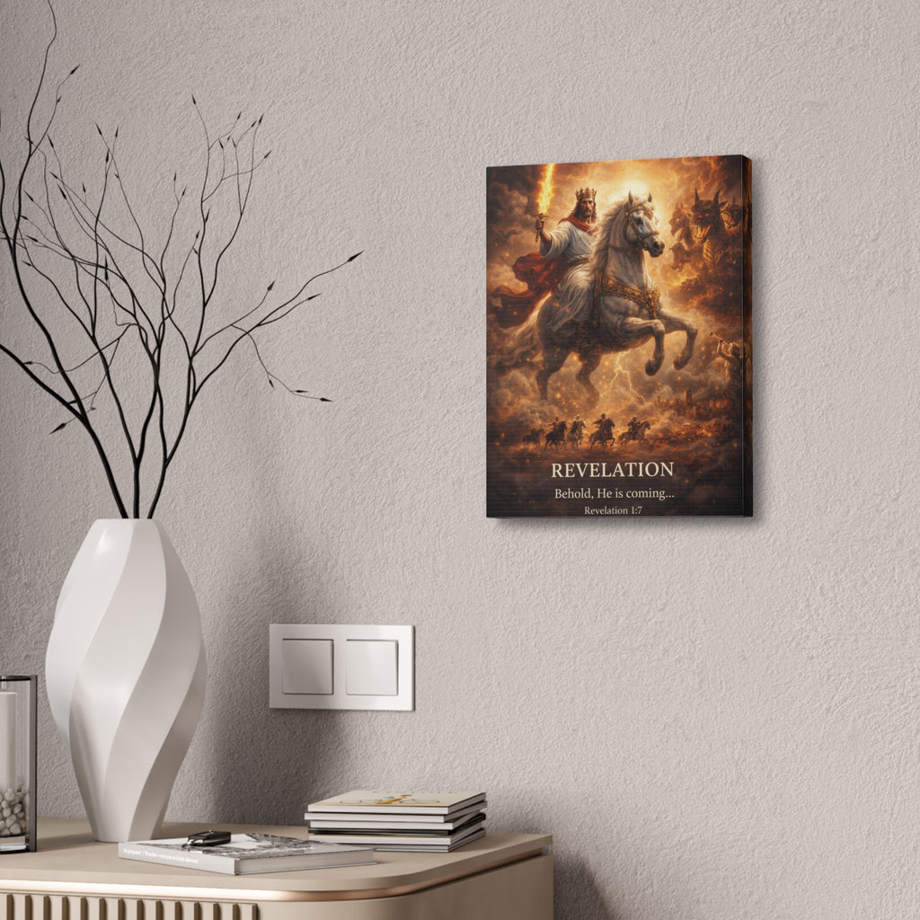 Revelation Canvas Art – “Behold, He Is Coming” Biblical Horseman Wall Decor | Christian Scripture Canvas