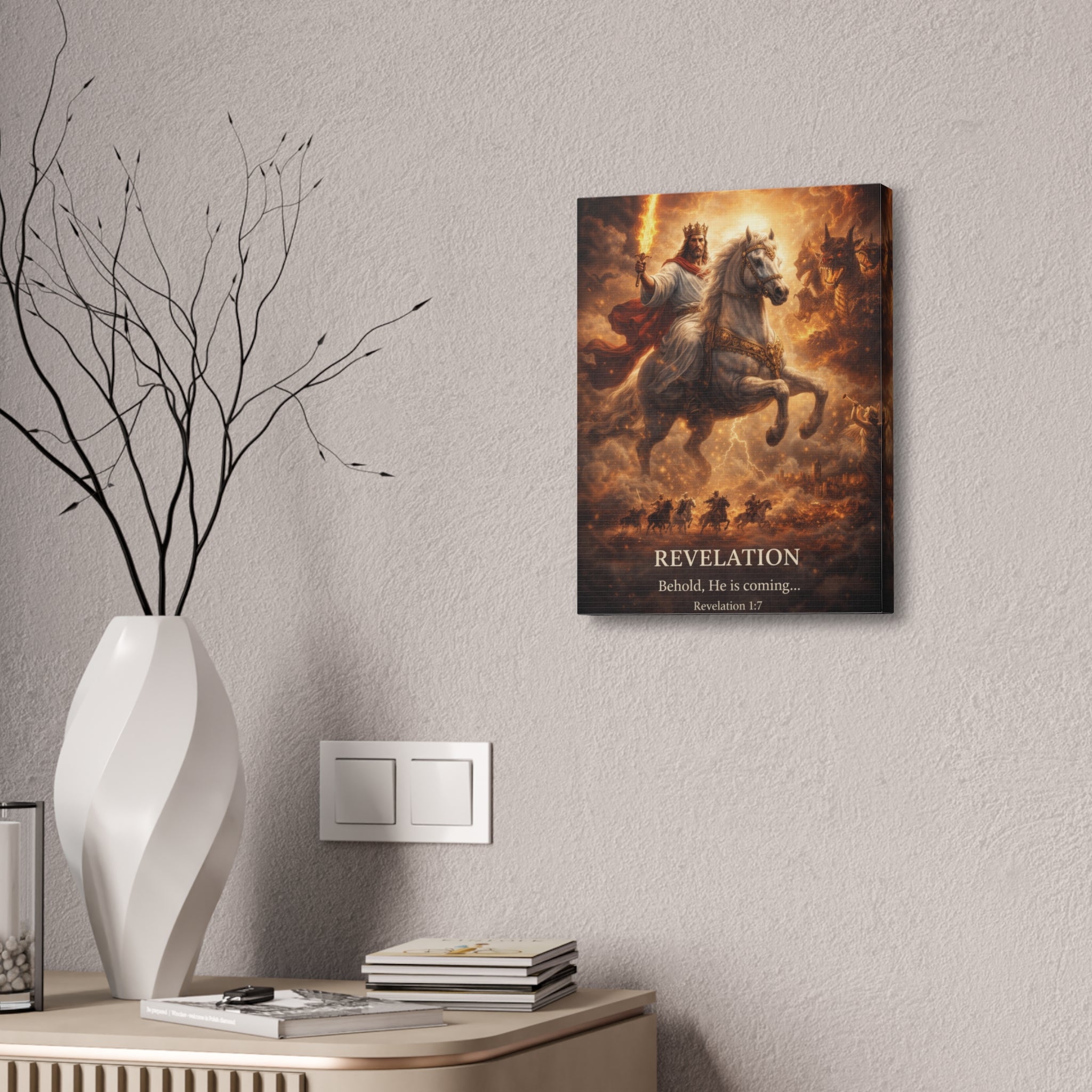 Revelation Canvas Art – “Behold, He Is Coming” Biblical Horseman Wall Decor | Christian Scripture Canvas
