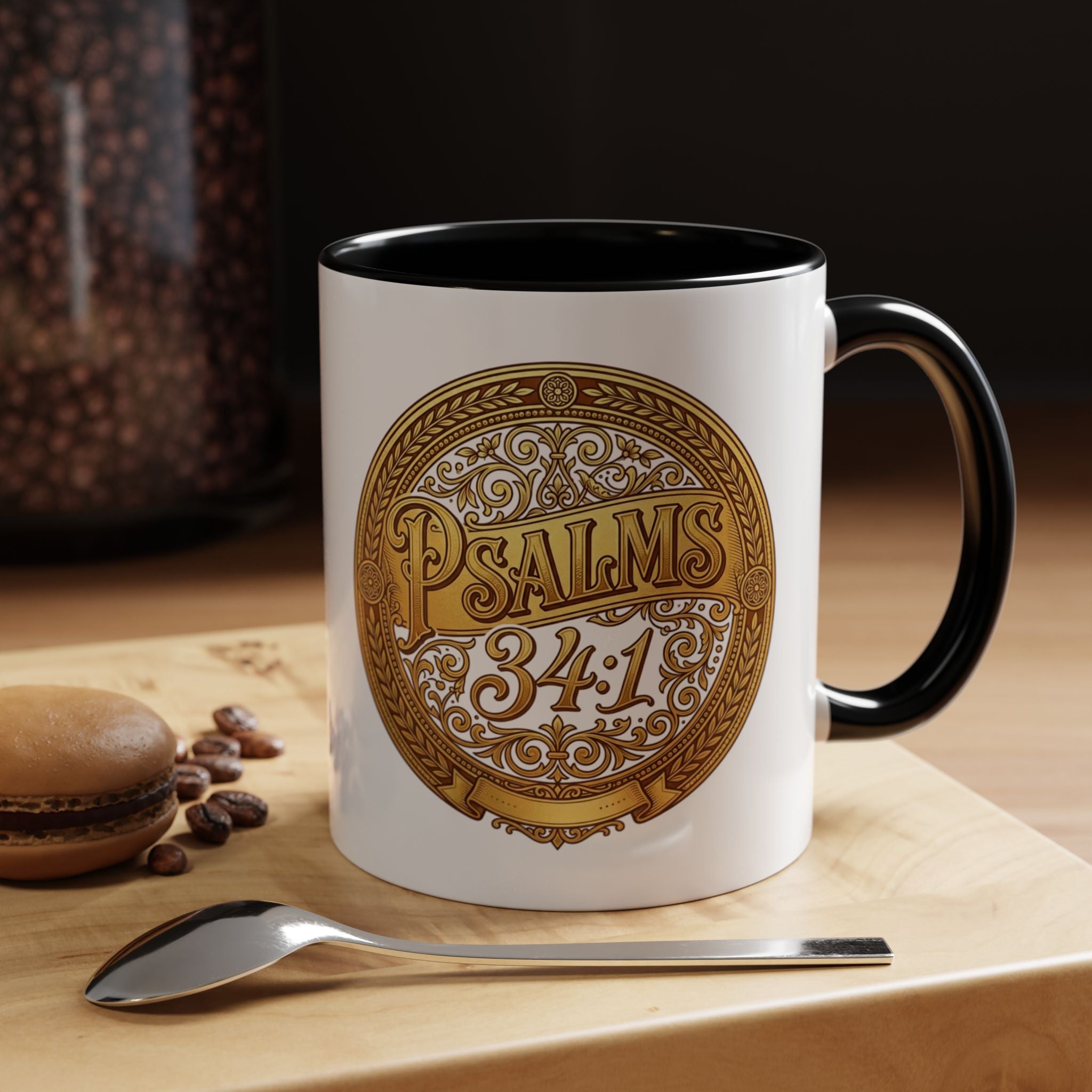 Inspirational Christian ceramic accent coffee mug featuring Psalm 34:1 in an ornate gold medallion design with colorful handle and interior accents.