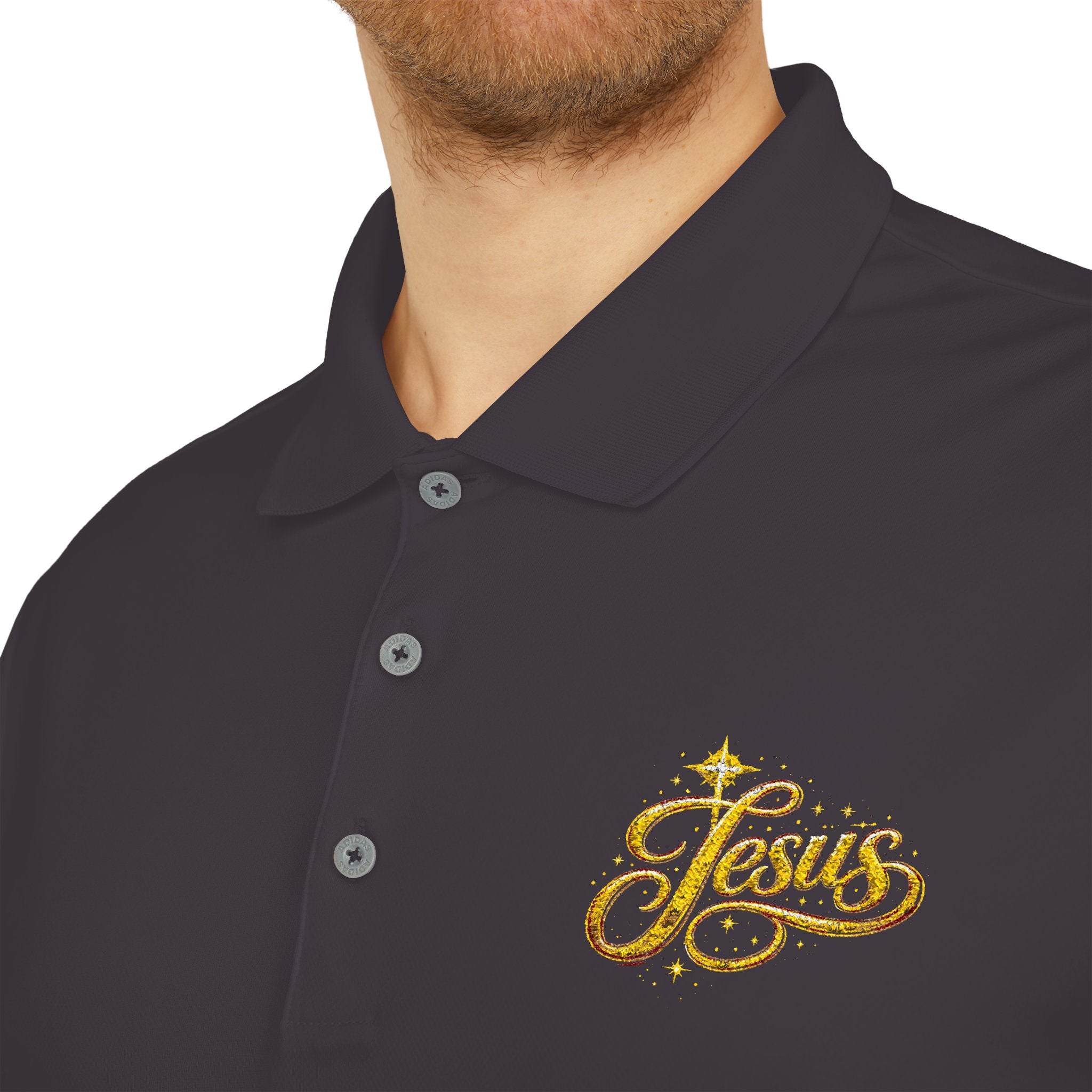 'Jesus' Script Embroidered Polo — Gold Faith Golf Shirt