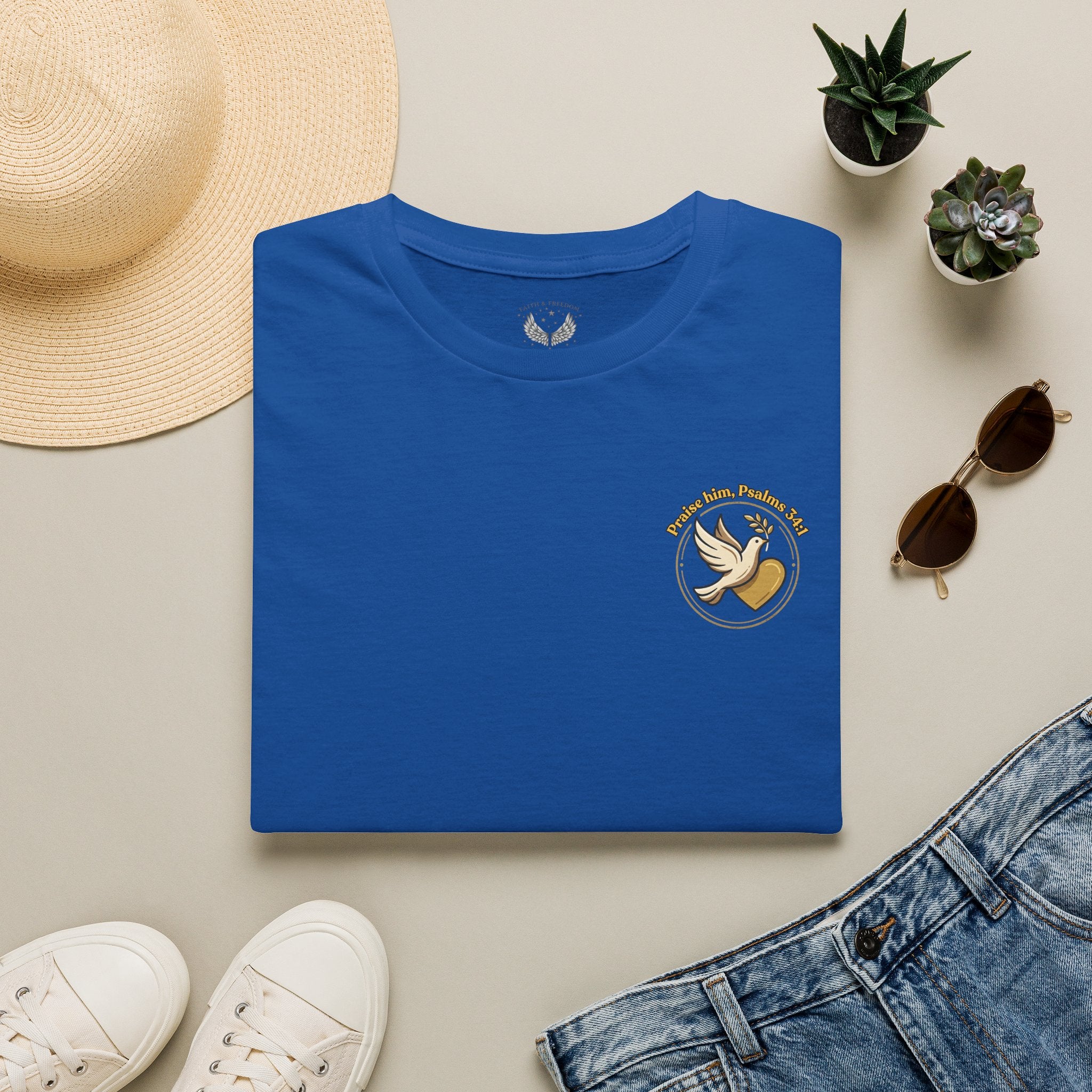 Minimalist Christian T-shirt featuring a Dove of Peace chest emblem with the words “Pray, Love, Remember” on a soft lightweight faith-inspired tee.