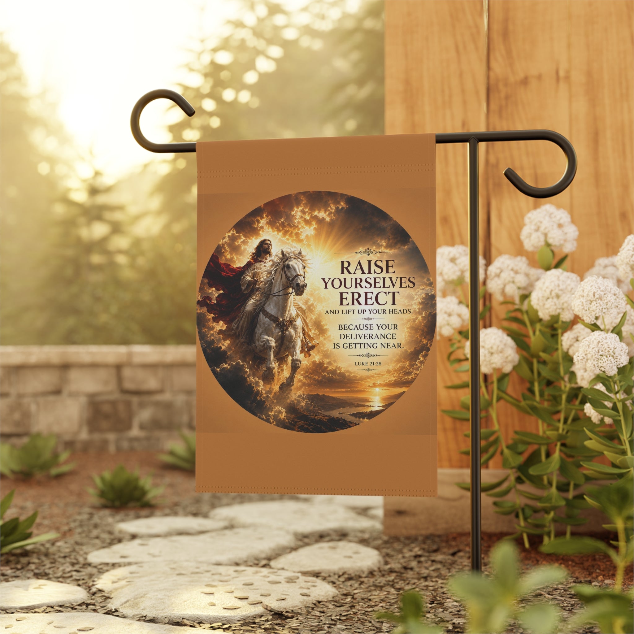 Inspirational Christian garden flag featuring Jesus riding a white horse beneath glowing skies with Luke 21:28 scripture artwork in warm vibrant tones.