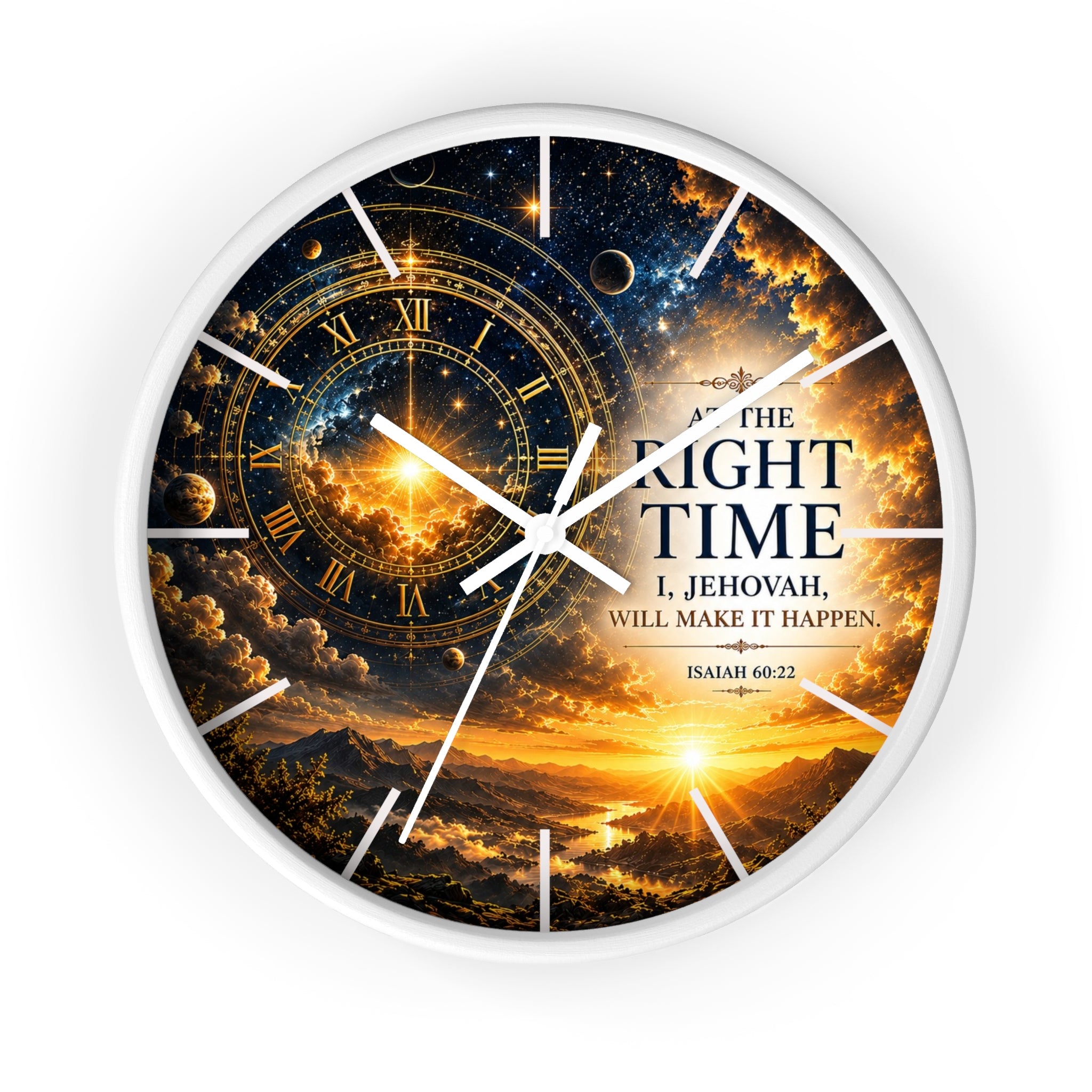 Inspirational Christian wall clock featuring celestial skies, glowing golden gears, and Isaiah 60:22 scripture with the phrase “The Right Time: I, Jehovah, Will Make It Happen.”