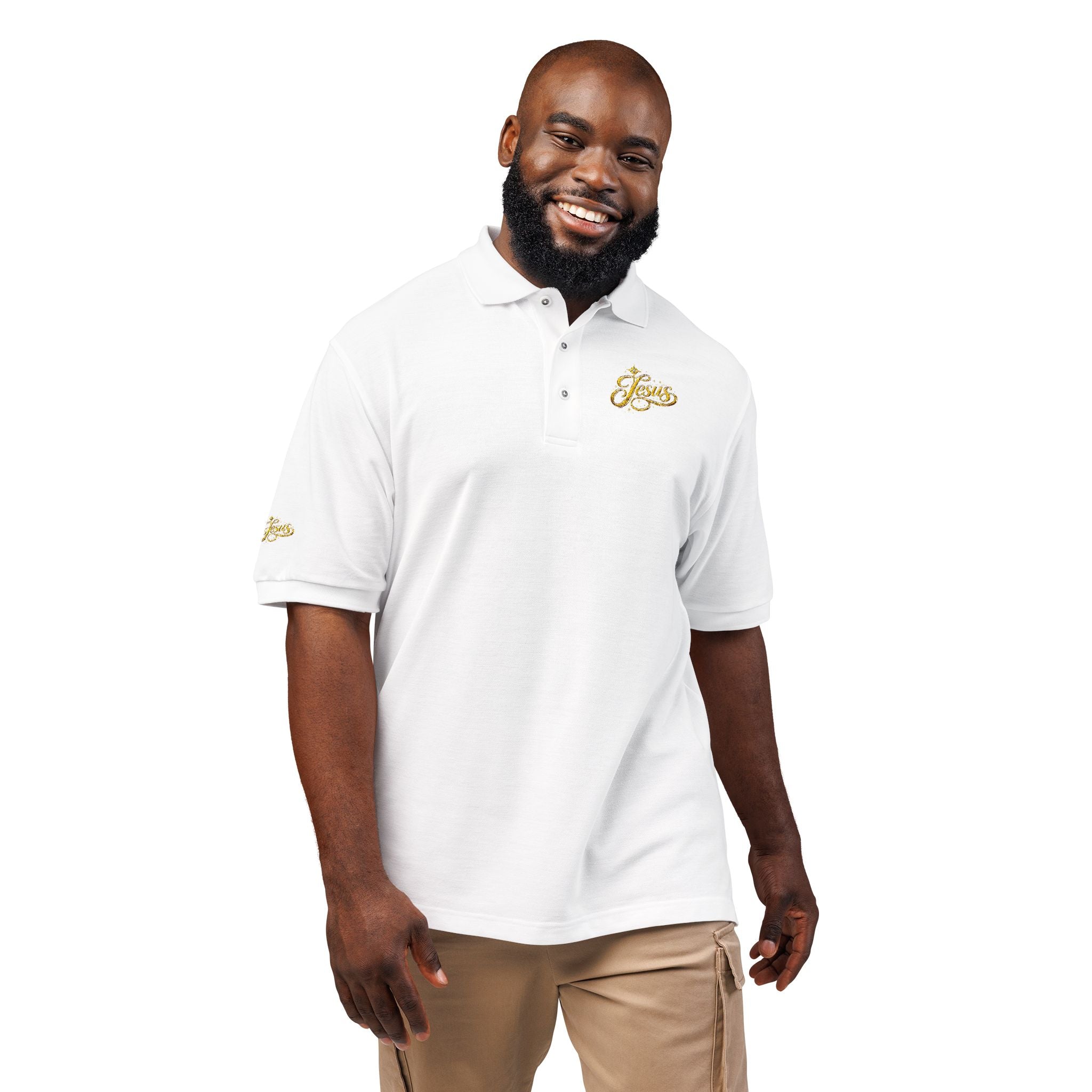 Jesus Gold Fleur Embroidered Polo – Christian Faith Collared Shirt | Elegant Unisex Church Polo