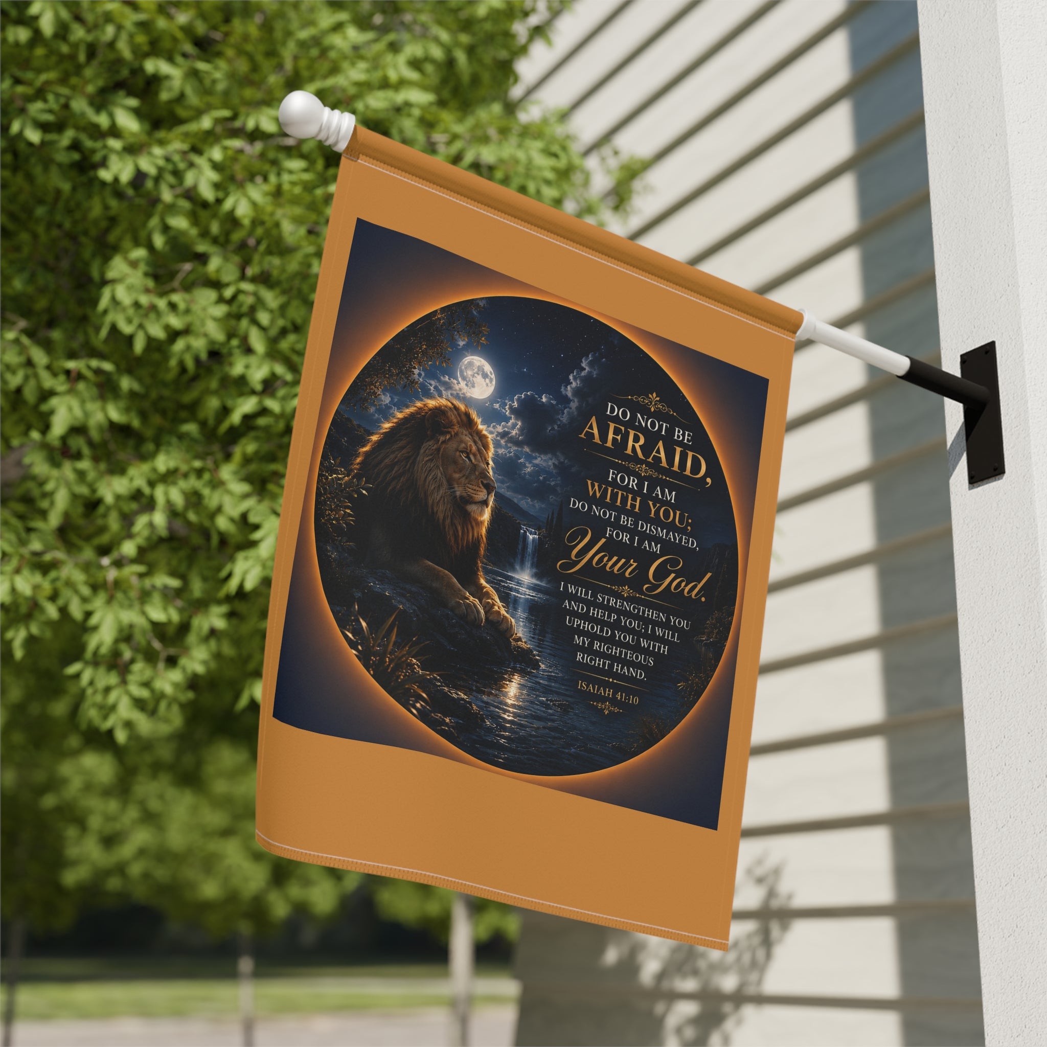 Inspirational Christian garden flag featuring a majestic lion resting beside moonlit water with the scripture “Do Not Be Afraid, For I Am With You” in elegant lettering.