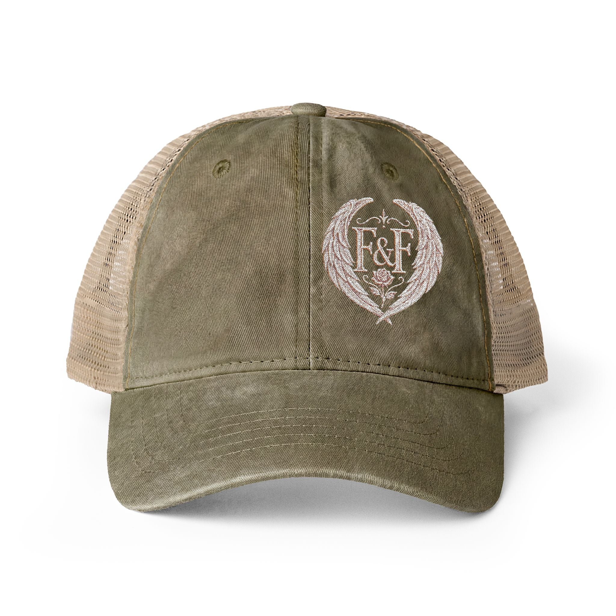 Women’s washed mesh-back cap featuring the Faith & Freedom logo with vintage styling, breathable mesh panels, and concealed ponytail opening.