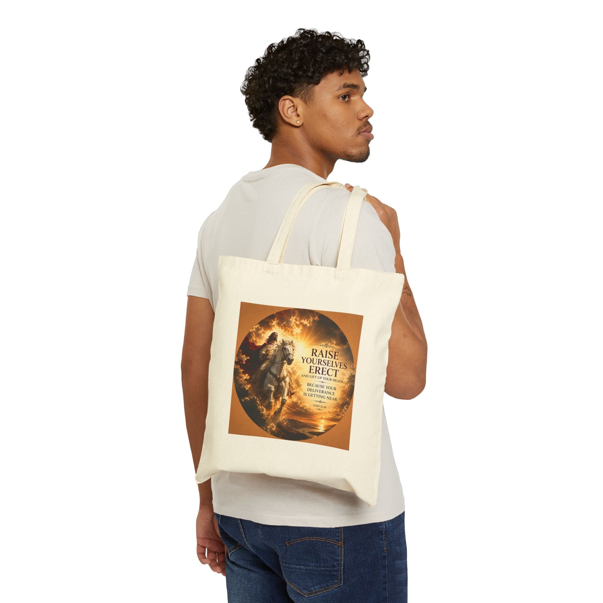 Raise Yourselves Erect Tote Bag | Luke 21:28 Christian Canvas Tote | Inspirational Scripture Shopper