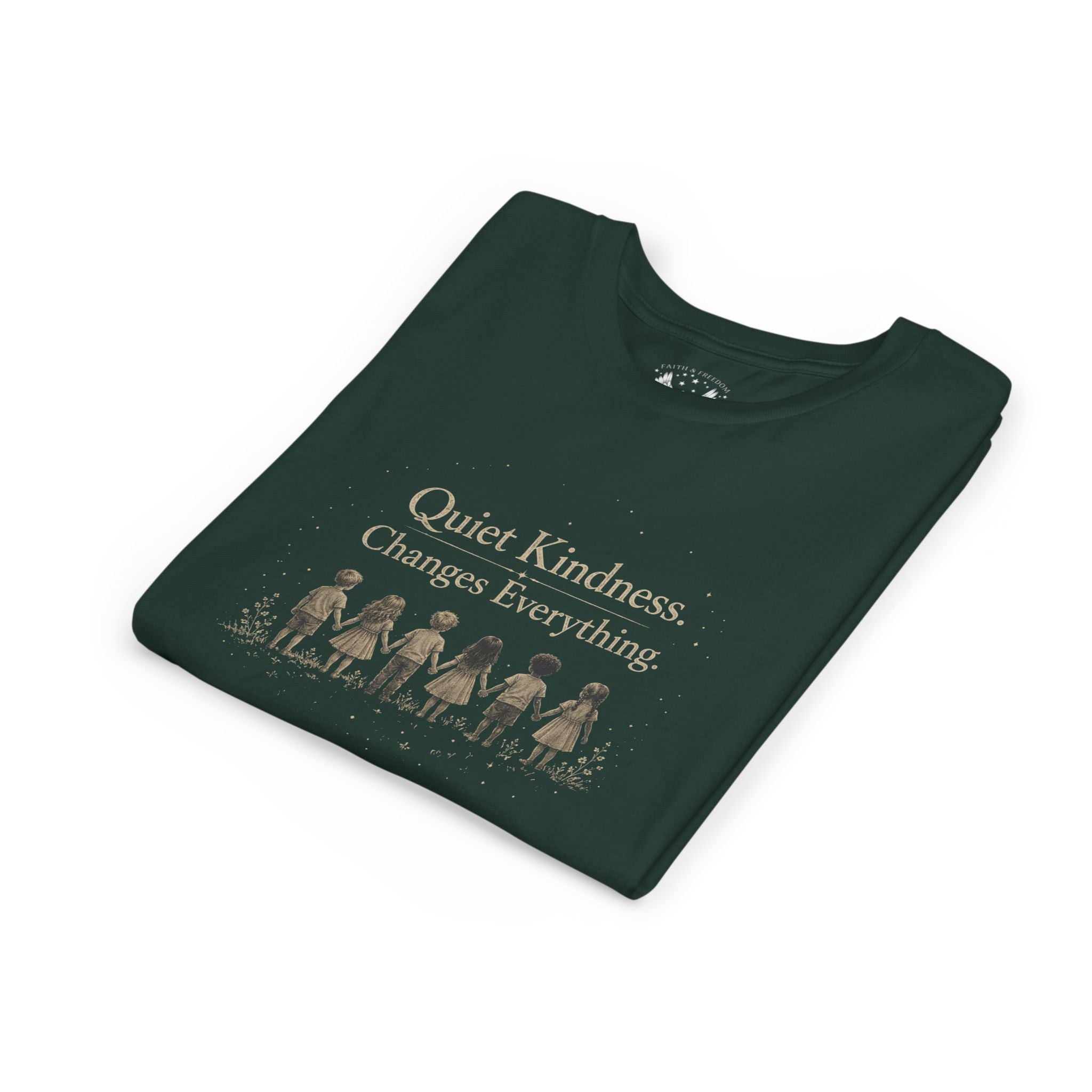 Youth “Quiet Kindness Changes Everything” Tee – Kids Inspirational T-Shirt with Earth & Friends Graphic
