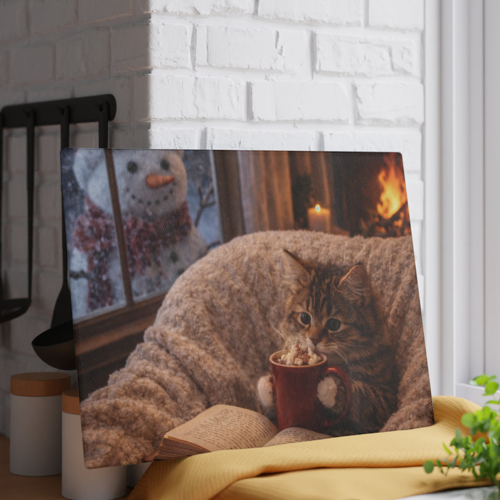 Cozy Winter Cat Glass Cutting Board – Hot Cocoa Kitchen Decor | Cute Cat Kitchen Board