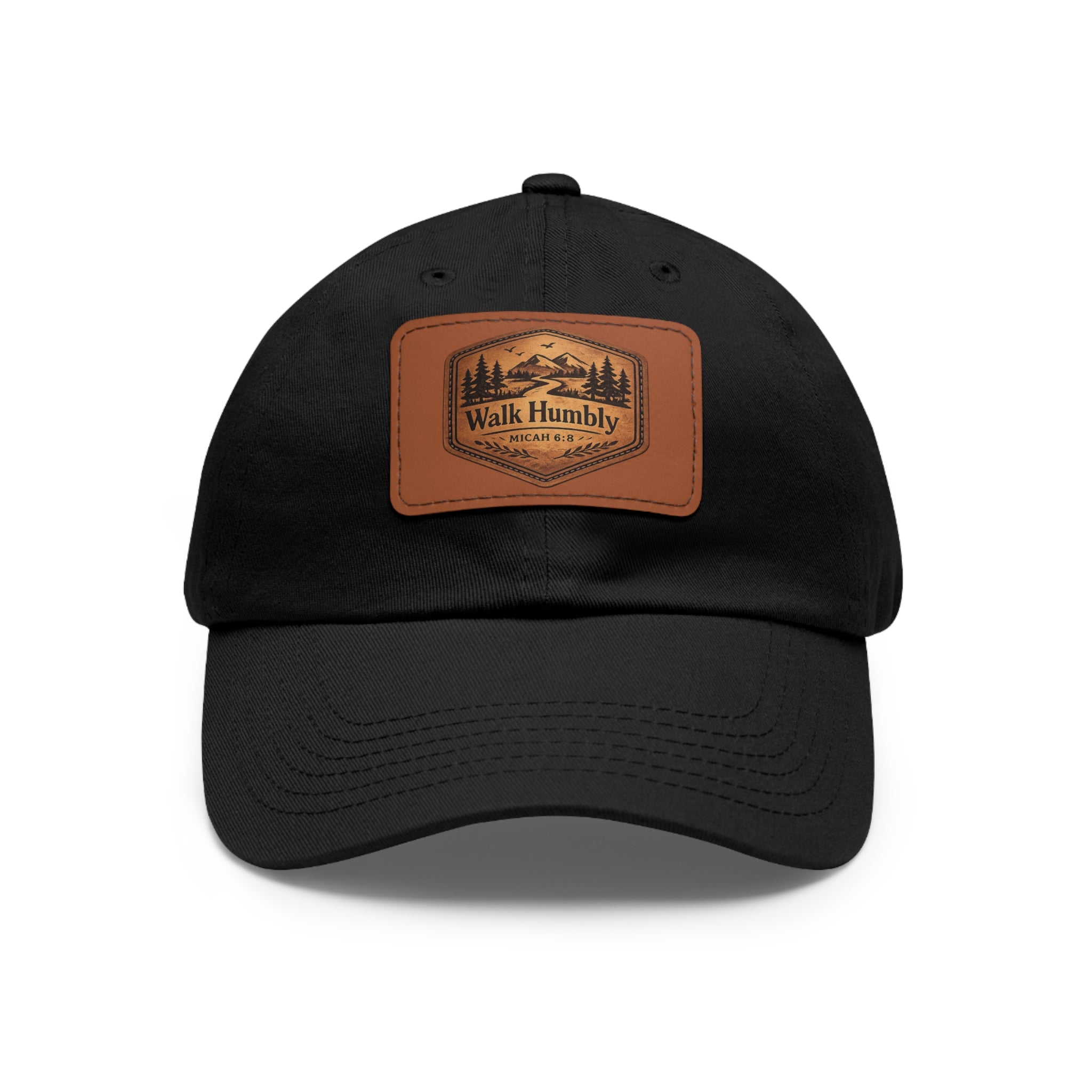Vintage-inspired Christian dad hat featuring a faux leather “Walk Humbly” Micah 6:8 patch with rustic outdoor styling and antique brass buckle closure.