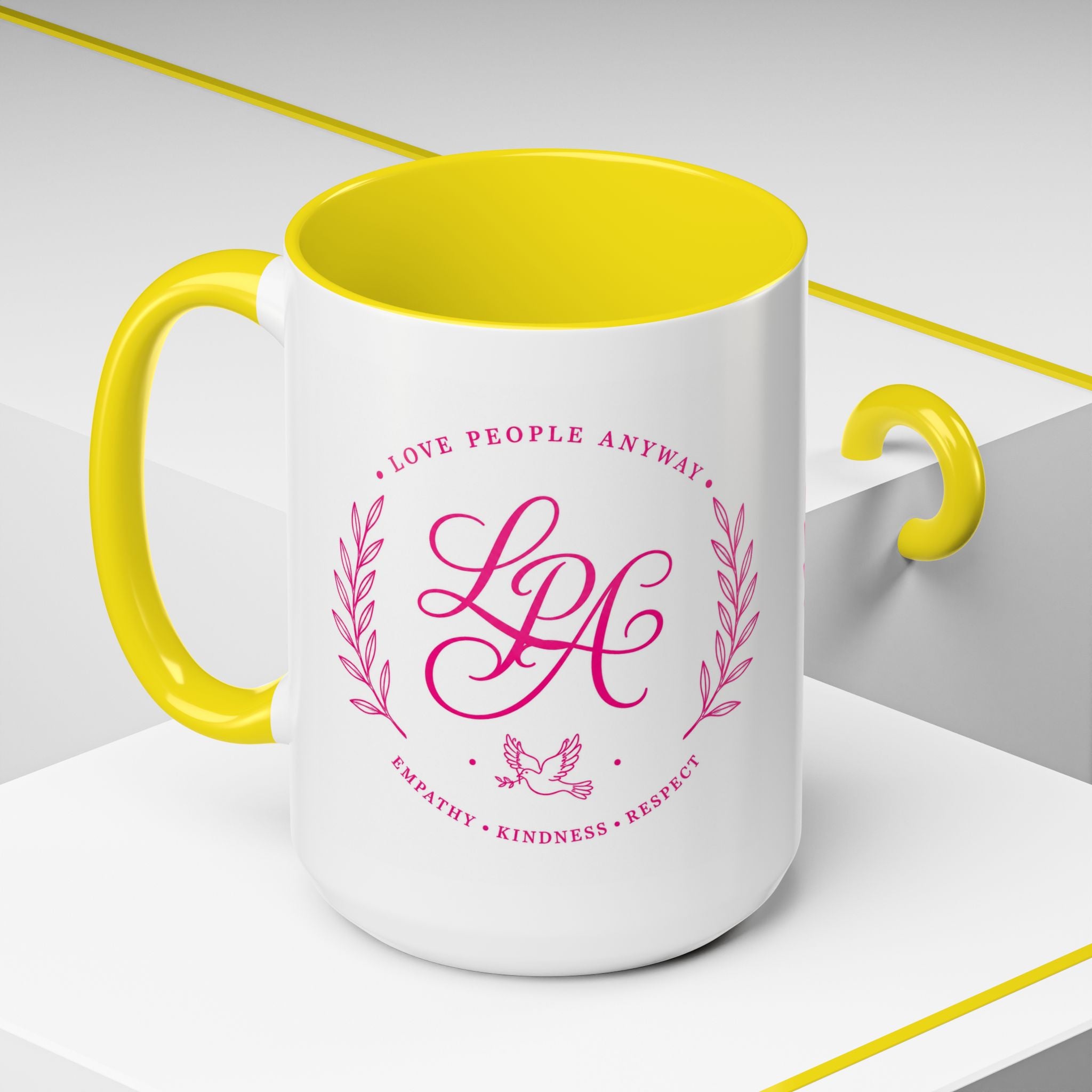 Love People Anyway Coffee Mug | Inspirational Pink Monogram Mug | Faith Freedom Creations