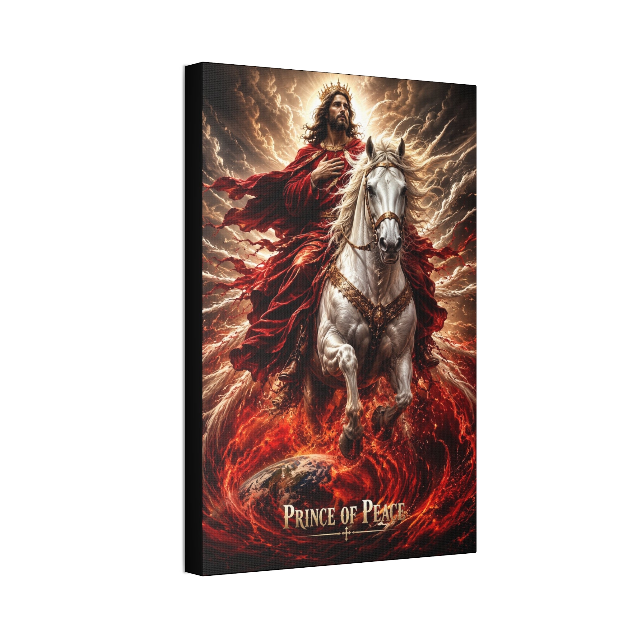 Christian canvas wall art featuring Jesus riding a white horse with peaceful radiant lighting and inspirational Prince of Peace imagery in gallery-style decor.