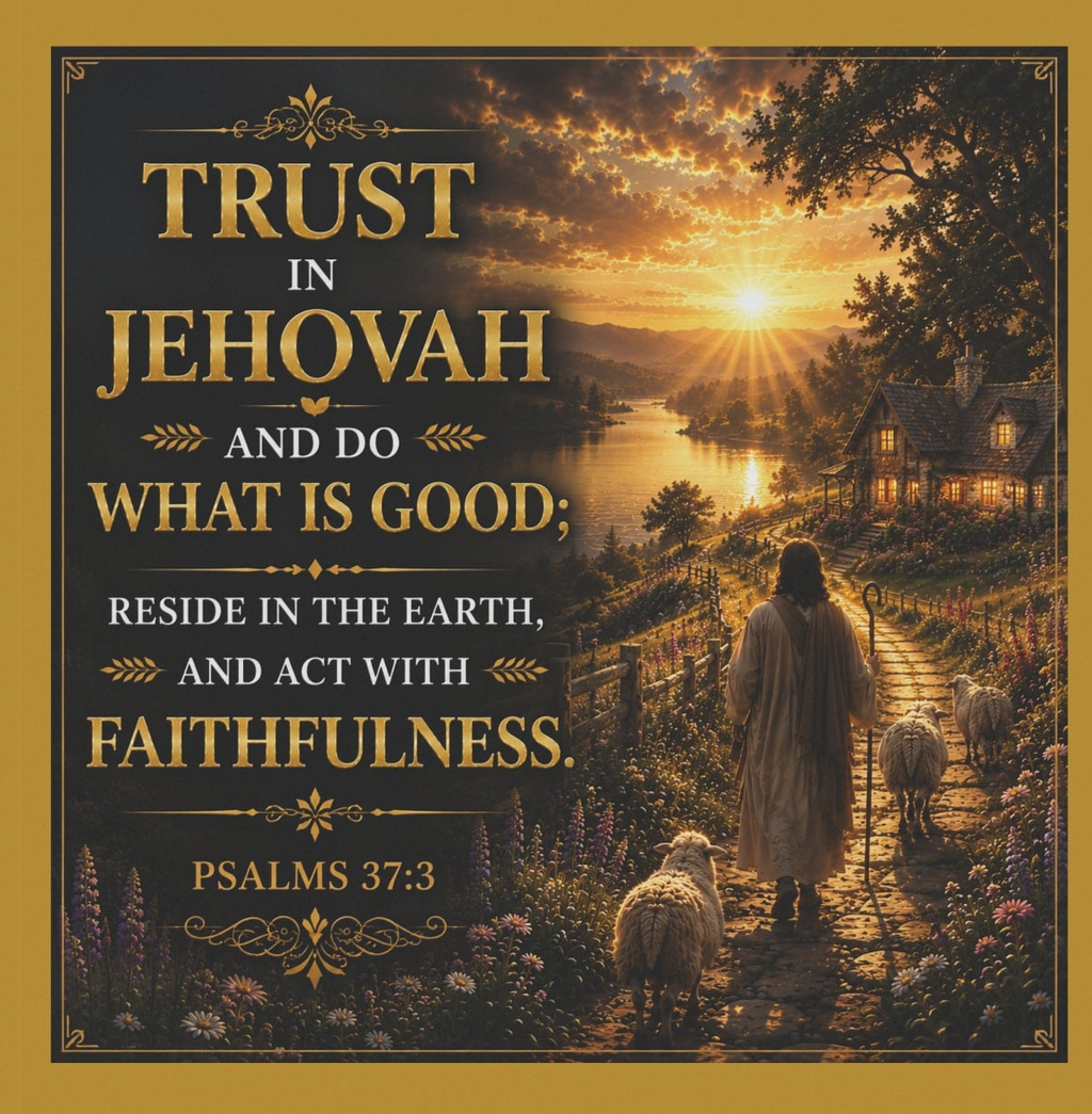 Inspirational Christian garden banner featuring a shepherd walking among hills at sunset with Psalm 37:3 inspired “Trust in Jehovah” scripture artwork.