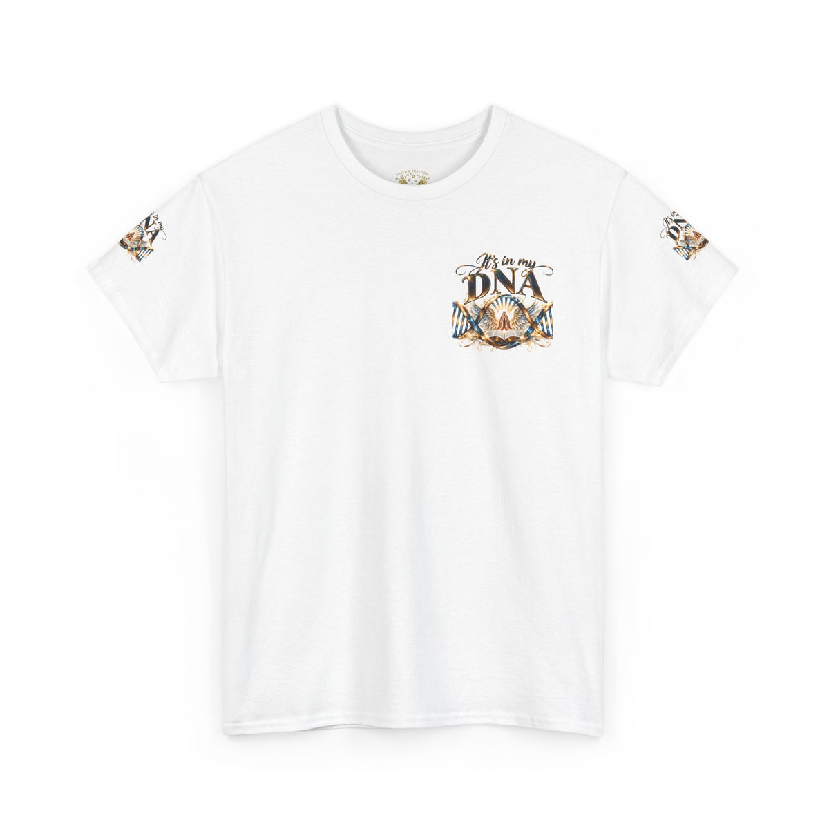 Front view of a white Gildan 5000 Christian T-shirt featuring a small It's in My DNA graphic on the left chest with gold and blue DNA strands, an open Bible, praying hands, and angel wings, plus coordinating artwork on both sleeves.