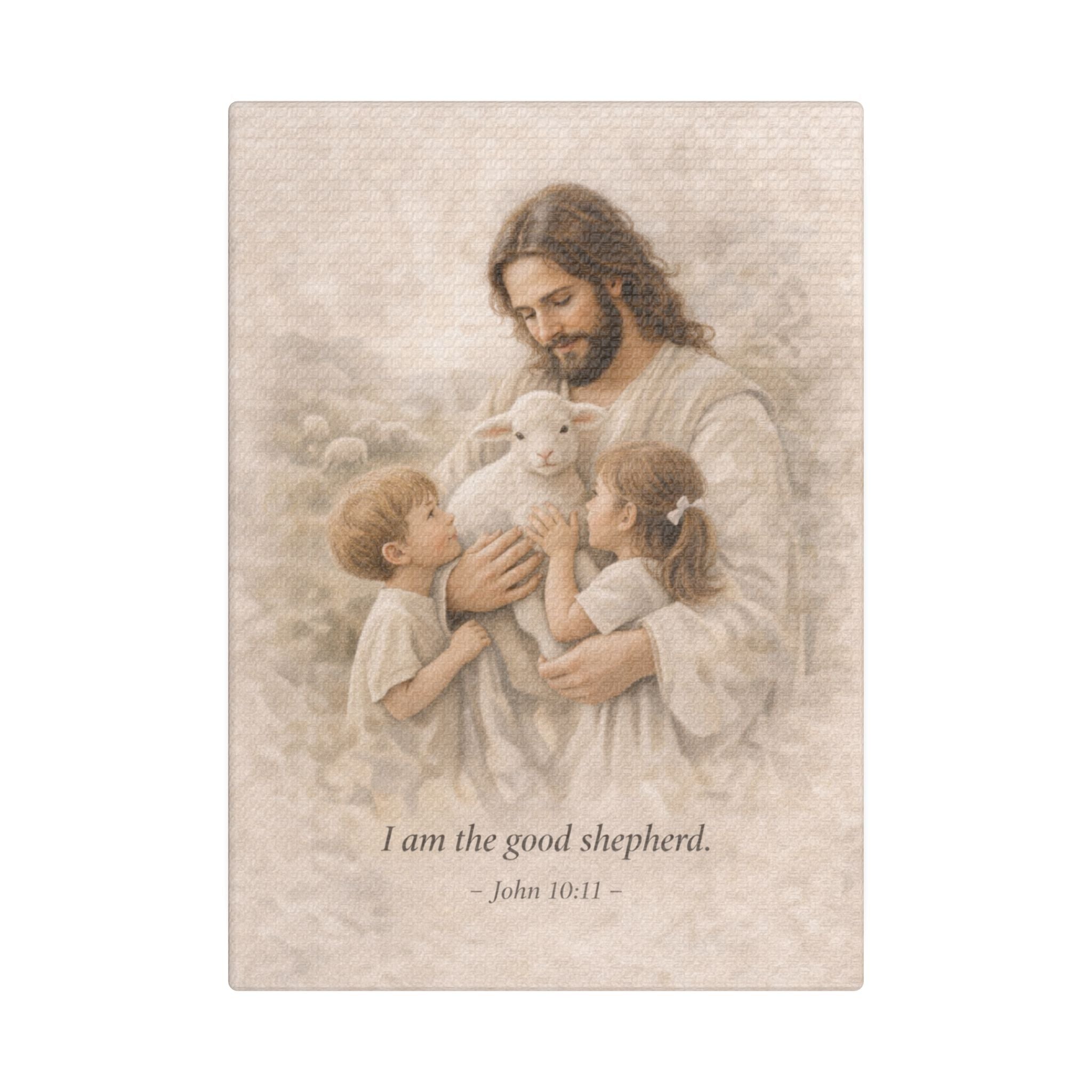 Jesus with Children Satin Canvas Print — "I am the good shepherd" (John 10:11)