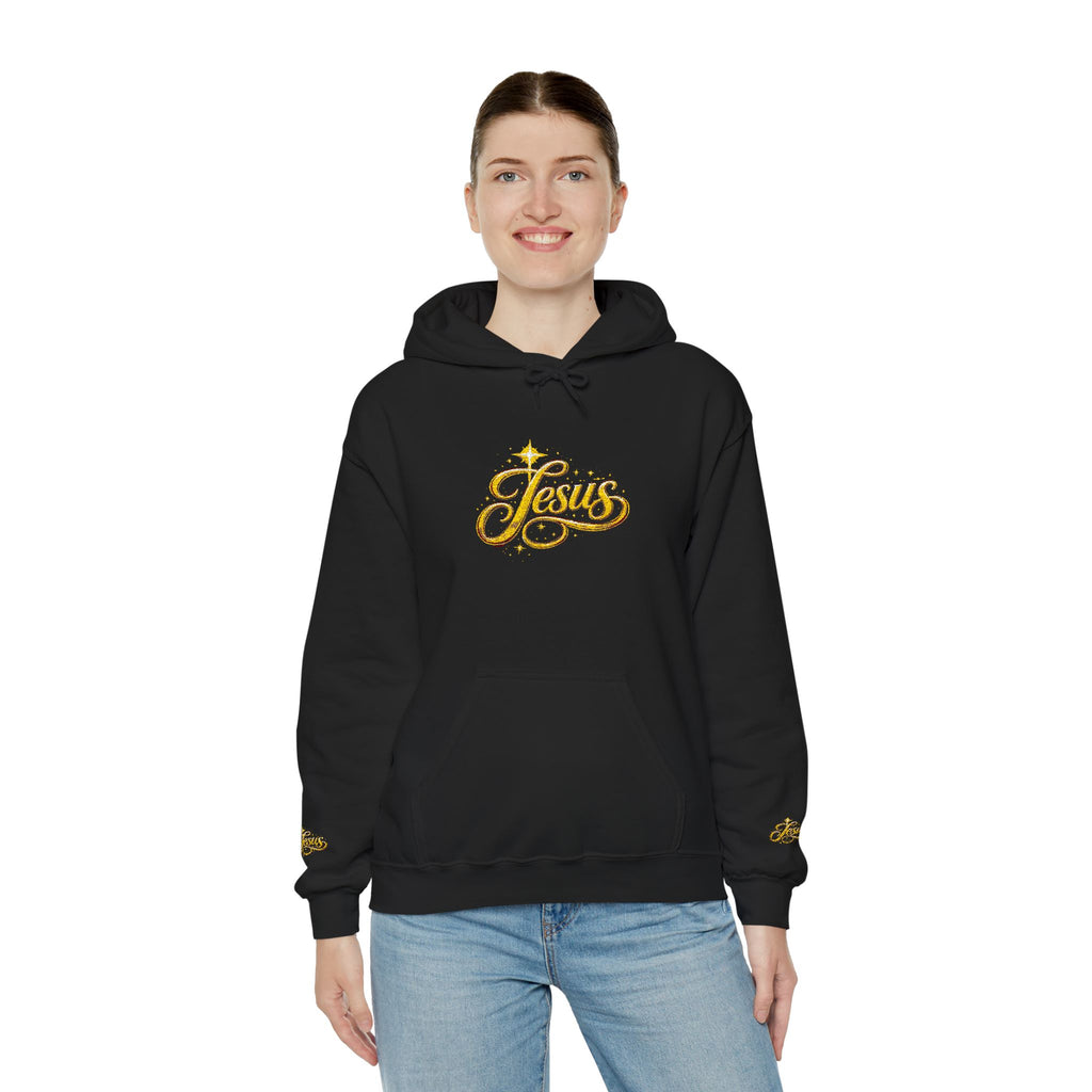 Jesus Gold Script Hoodie – Sparkle Christian Faith Pullover | Inspirational Hoodie