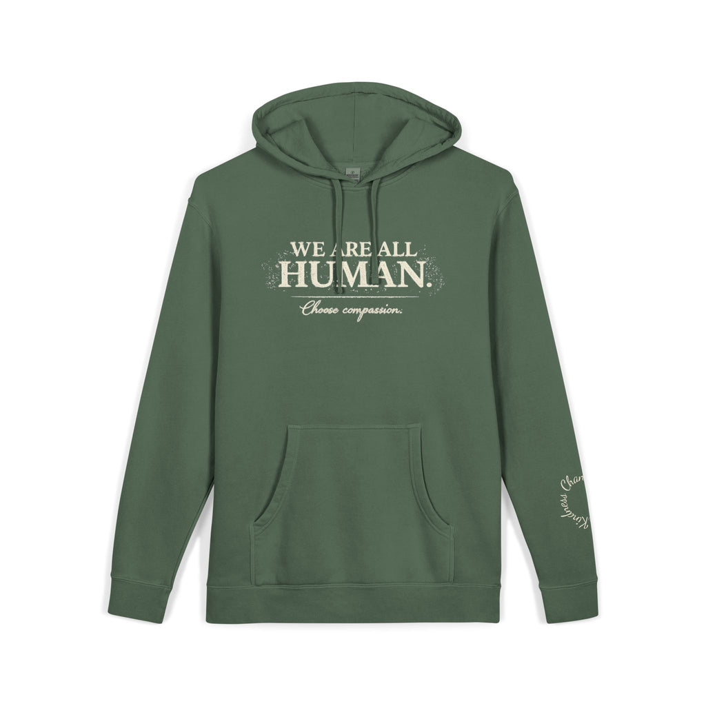 “We Are All Human” Pigment-Dyed Hoodie – Inclusive Comfort Pullover | Inspirational Minimalist Hoodie