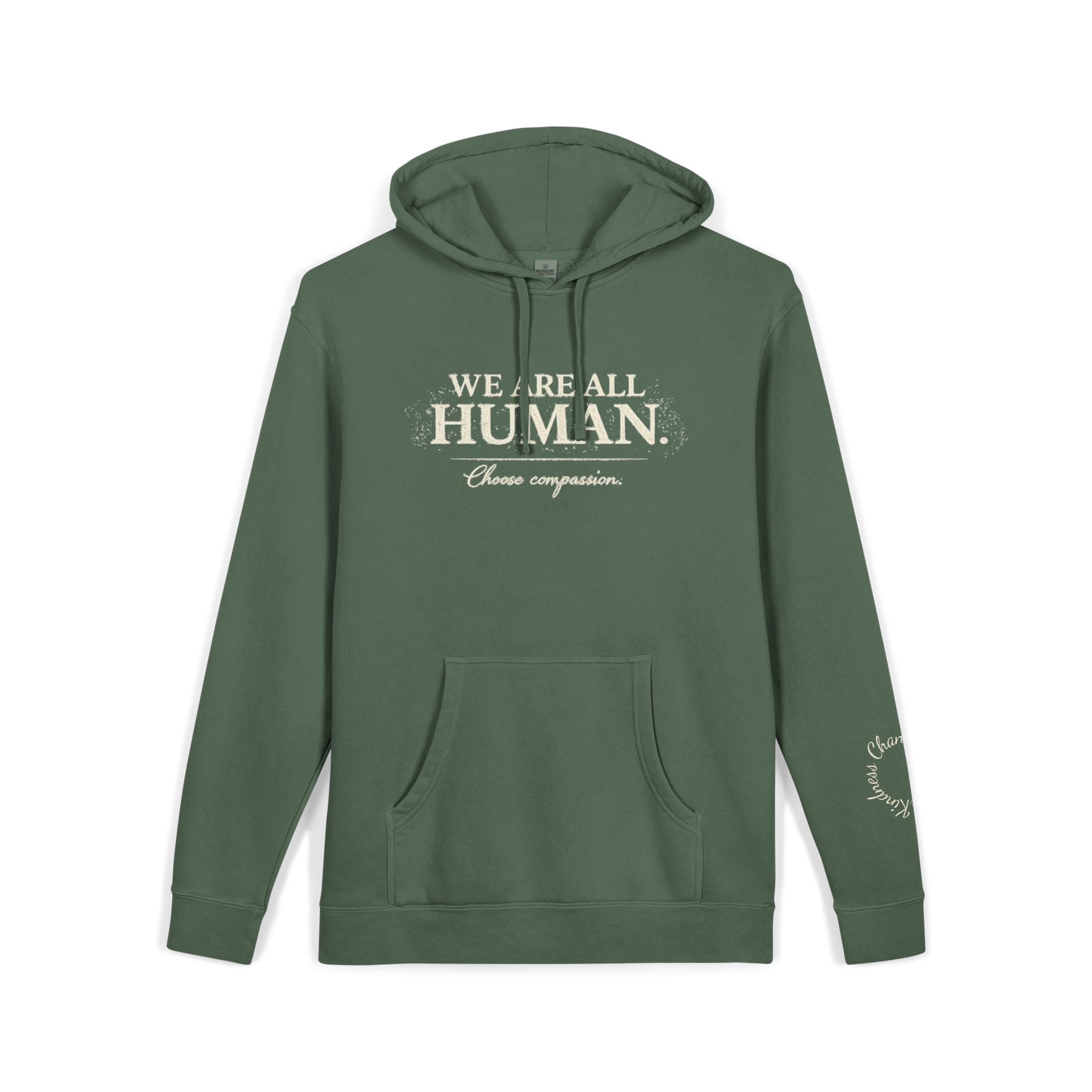 “We Are All Human” Pigment-Dyed Hoodie – Inclusive Comfort Pullover | Inspirational Minimalist Hoodie
