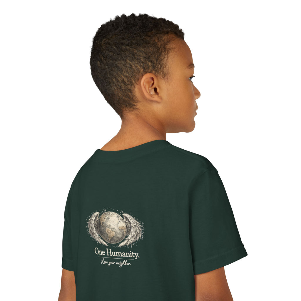 Youth “Quiet Kindness Changes Everything” Tee – Kids Inspirational T-Shirt with Earth & Friends Graphic