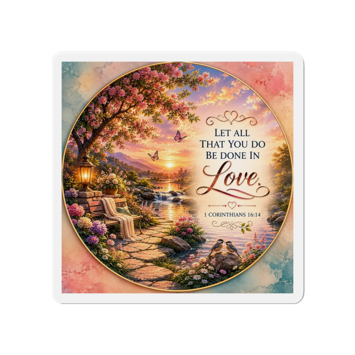 Christian die-cut magnet featuring 1 Corinthians 16:14, a colorful garden landscape with blooming flowers, butterflies, a peaceful stream, birds, and the scripture “Let All That You Do Be Done in Love” at sunset.