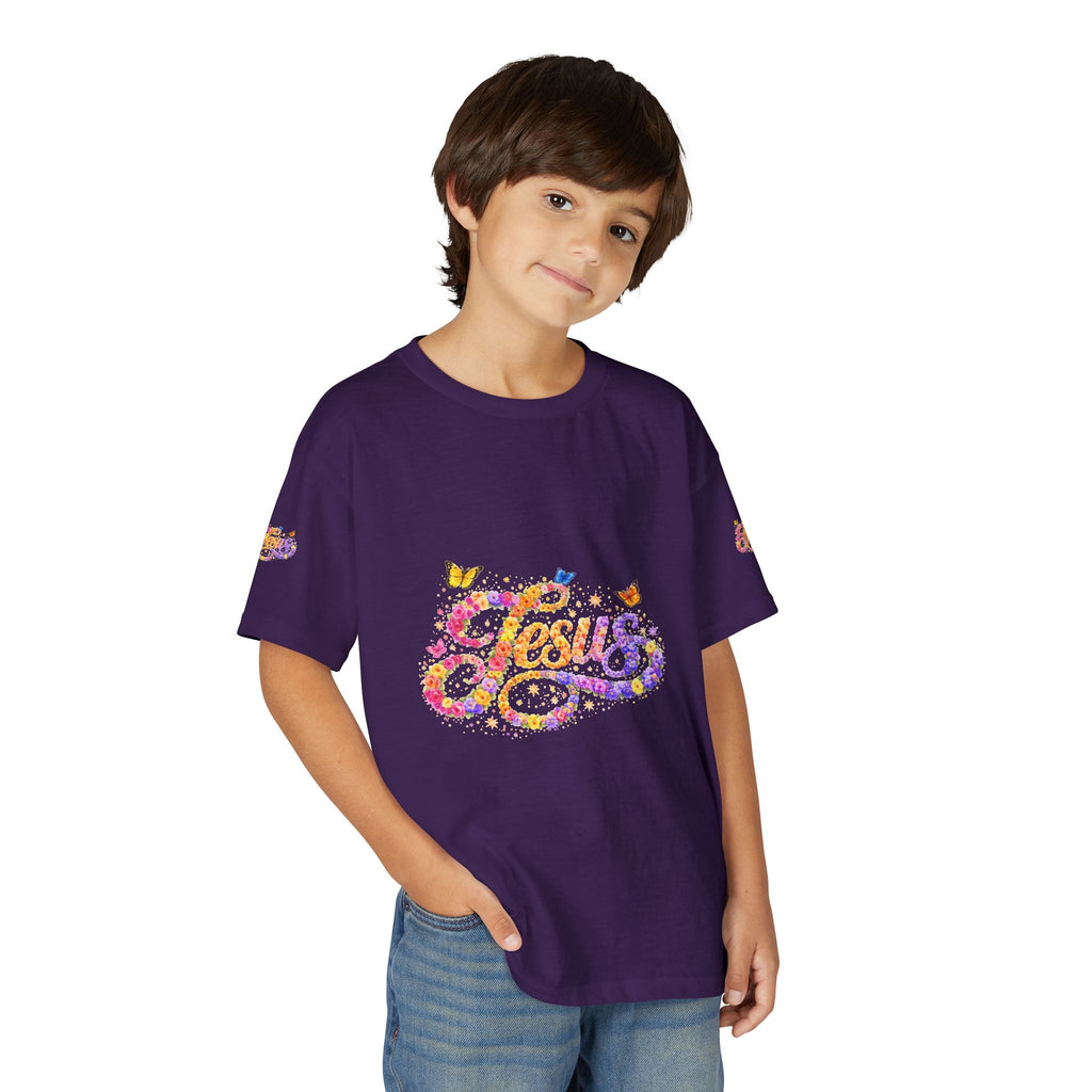 Youth Jesus Floral Butterfly T-Shirt – Christian Kids Faith Tee | Gratitude Sneaker Style Shirt