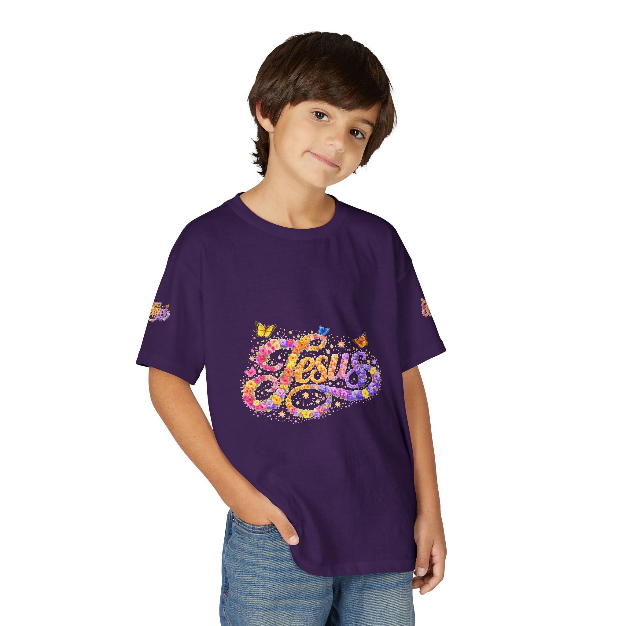 Youth Jesus Floral Butterfly T-Shirt – Christian Kids Faith Tee | Gratitude Sneaker Style Shirt